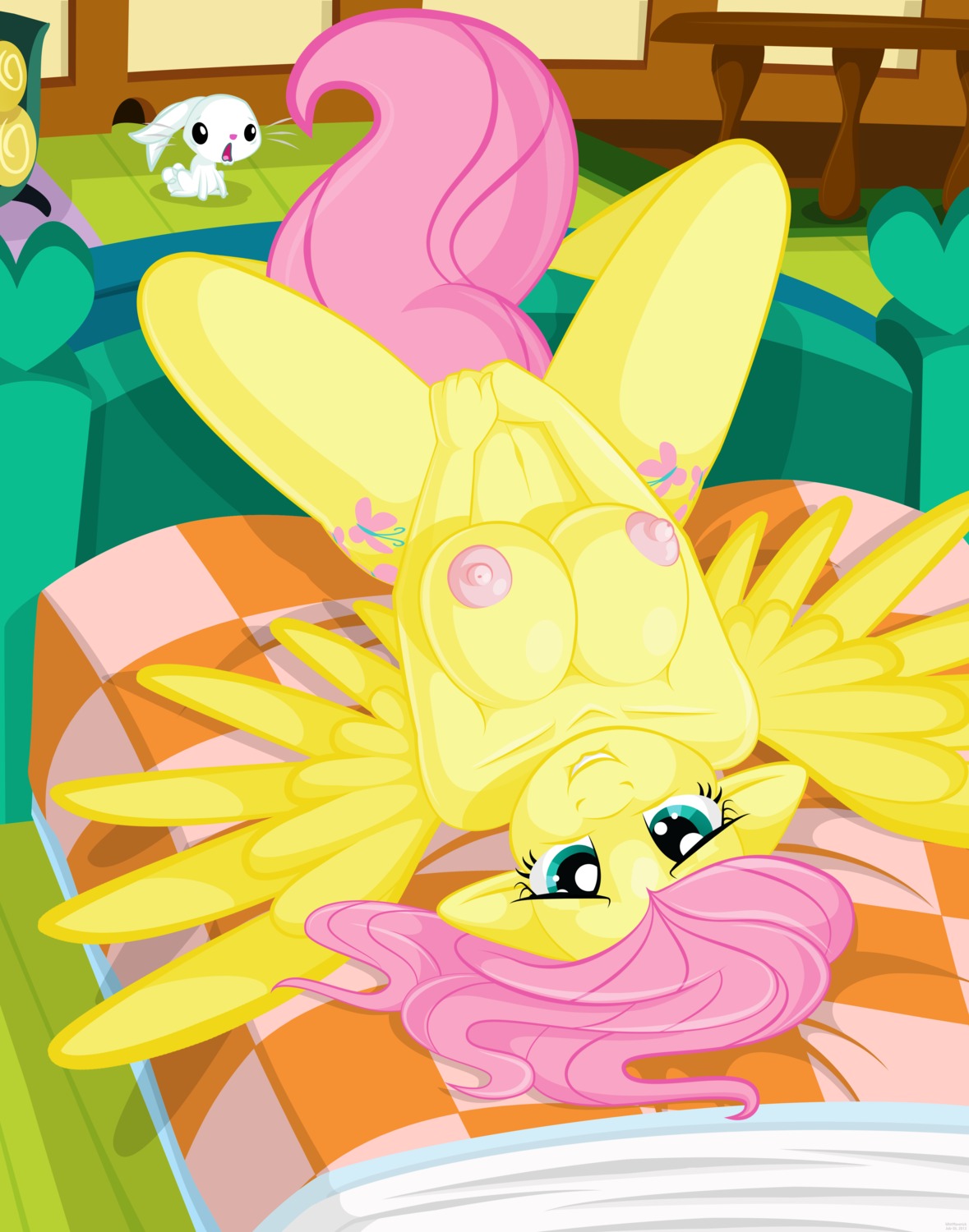 2013 absurd_res angel_(mlp) anthro anthrofied bed being_watched breasts cutie_mark digital_media_(artwork) duo e621 equid equine feathered_wings feathers female fingering fluttershy_(mlp) friendship_is_magic fur furniture green_eyes hair hasbro hi_res lagomorph leporid looking_at_another looking_at_viewer lying male mammal masturbation my_little_pony mythological_creature mythological_equine mythology navel nude on_back pegasus pink_hair rabbit vaginal vaginal_fingering vaginal_masturbation vector white_body white_fur whitmaverick wings yellow_body yellow_feathers yellow_fur
