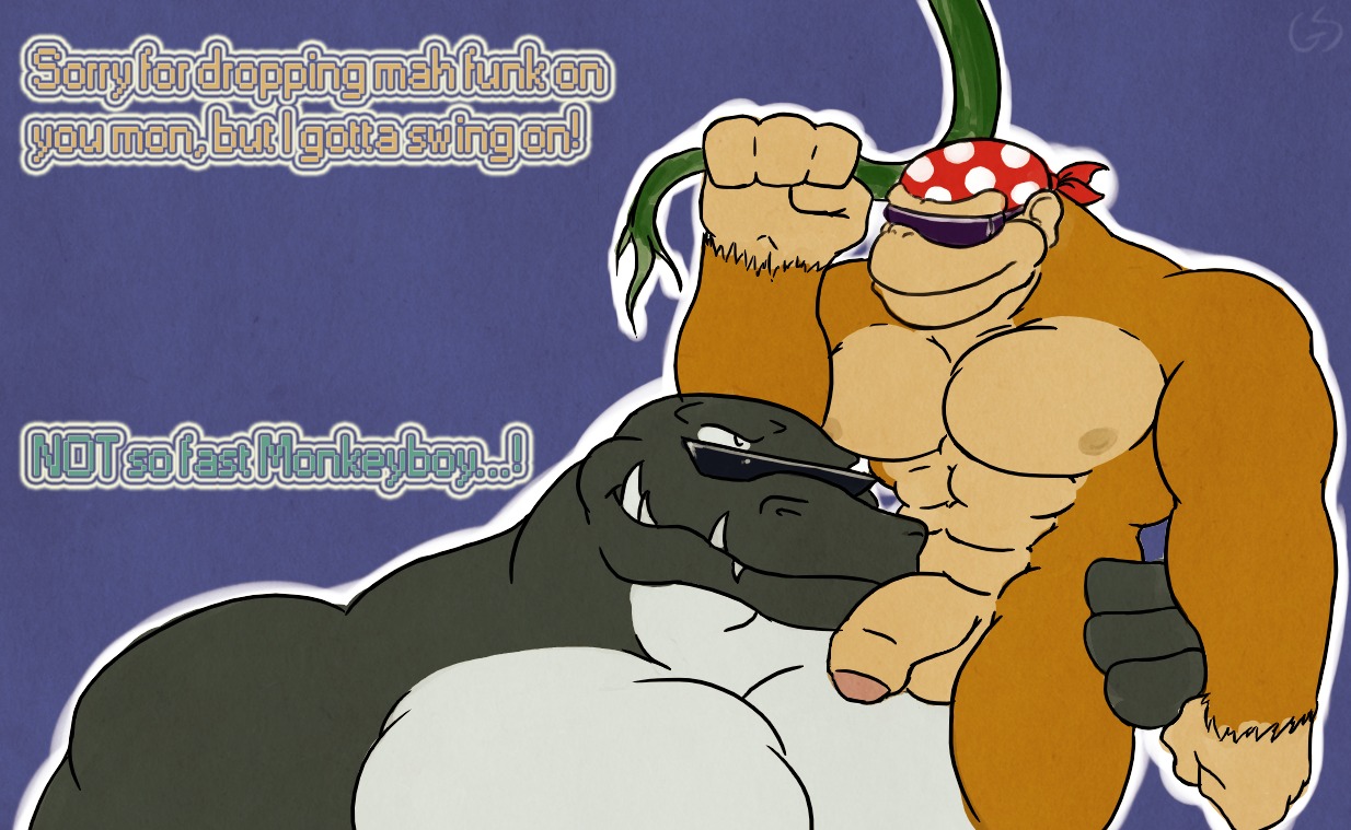 4_fingers abs anthro ape balls biceps big_balls big_muscles big_penis black_body black_scales brown_body brown_fur clothing crocodilian dialogue donkey_kong_(series) duo e621 english_text eyewear fangs fingers flaccid foreskin funky_kong fur genitals glaciersnow gorilla hand_on_butt haplorhine kerchief kong kremling kudgel larger_male male male/male mammal muscular muscular_male nintendo nipples nude pecs penis plant primate reptile scales scalie sitting size_difference smaller_male smile sunglasses tan_body tan_skin teeth text vines white_body white_scales