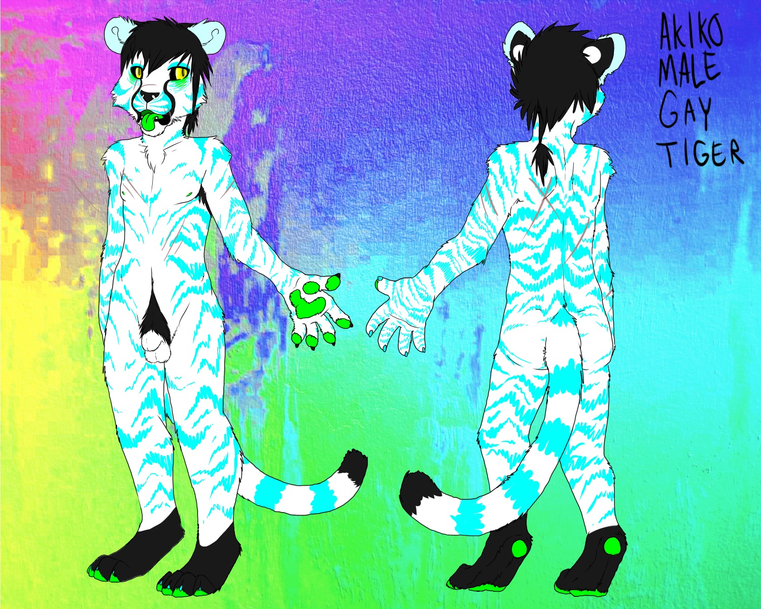 5:4 akiko_(basillicus) animal_genitalia basillicus body_hair colorful_theme e621 english_text felid fully_sheathed genitals happy_trail hi_res male mammal model_sheet nude pantherine rainbow sheath solo sparklefur sparkles stripes tail text tiger tongue tongue_out