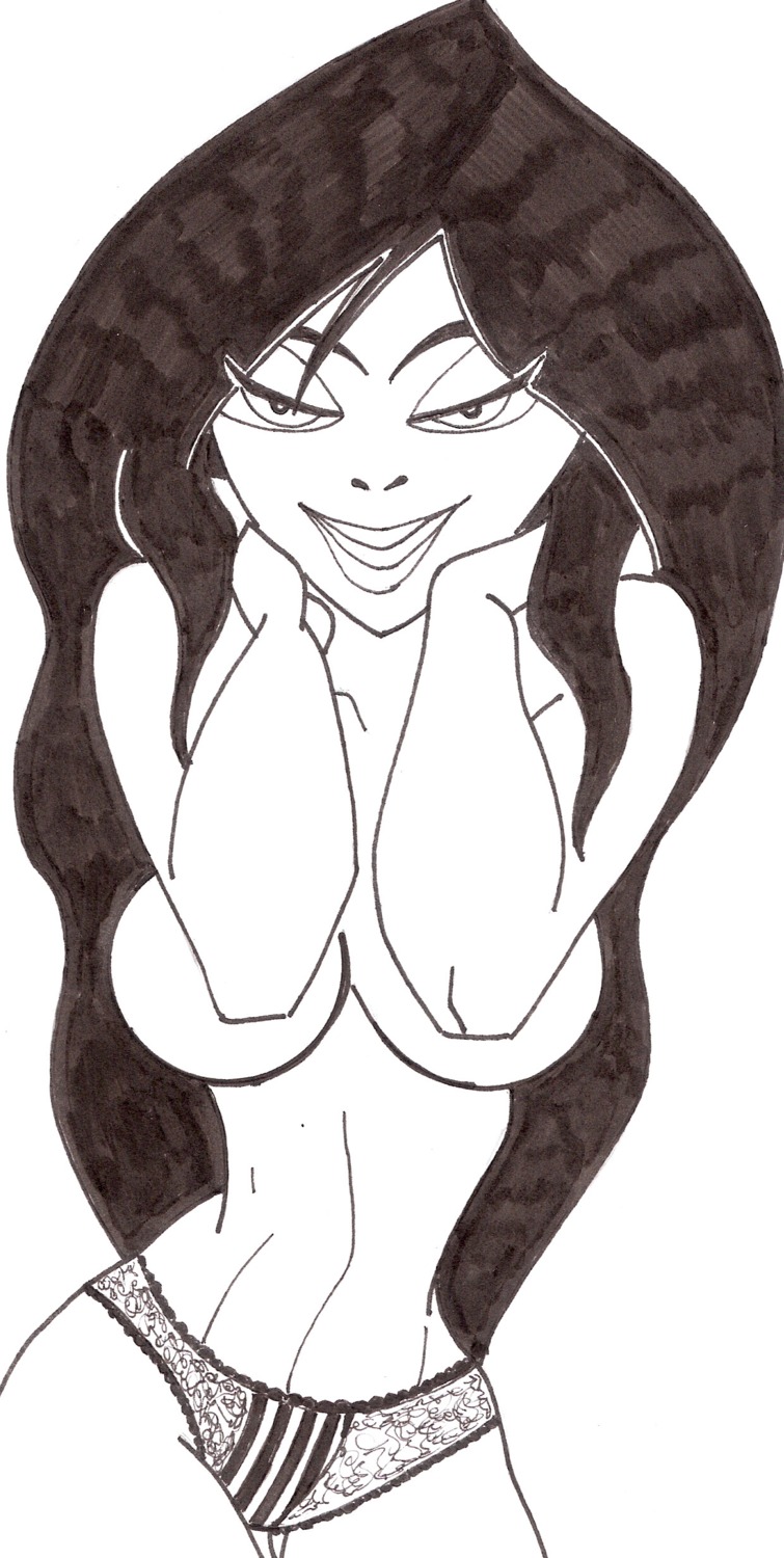big_breasts black_and_white breasts covering covering_breasts disney disney_channel female female_only human kim_possible large_breasts long_hair monochrome panties pointy_chin rule34 shego solo straight_hair