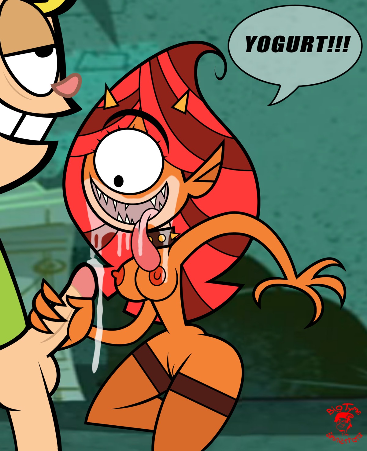 bigtyme breasts cum cyclops eyelashes female flat_colors horns huge_eyes human interspecies jimmy_two-shoes jimmy_two-shoes_(character) male monster monster_girl orange_skin penis pointy_ears red_hair rule34 saffi straight tagme toony two-tone_hair