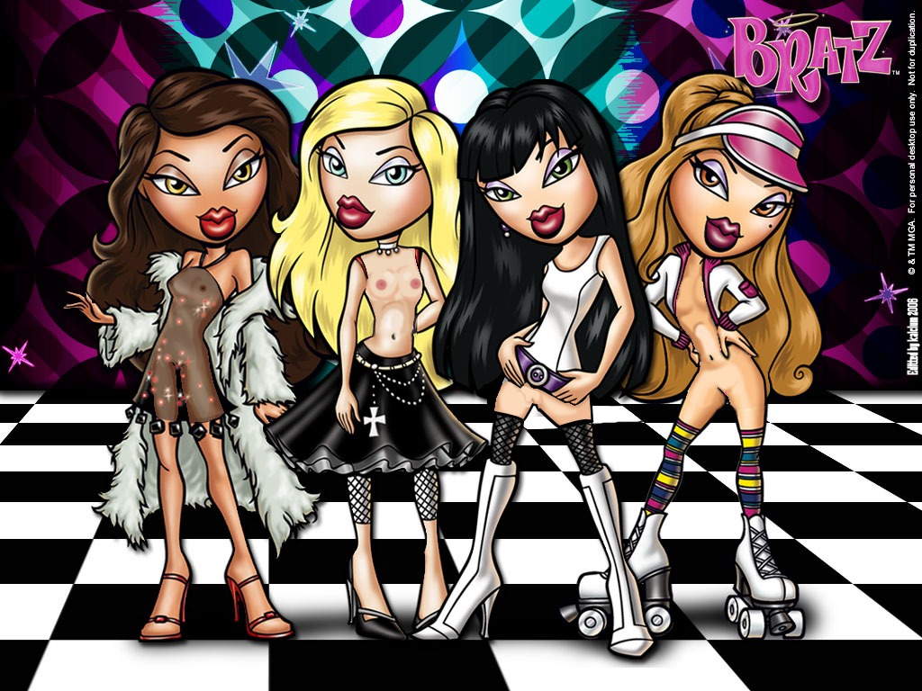 4girls big_head blonde_hair blue_eyes boots bottomless bratz cloe_(bratz) dress female female_only fur_coat high_heels huge_head jade_(bratz) mattel multiple_females multiple_girls no_bra no_panties no_underwear partially_clothed photoshop roller_skates rule34 sasha_(bratz) see-through sheer skirt stockings topless yasmin_(bratz)