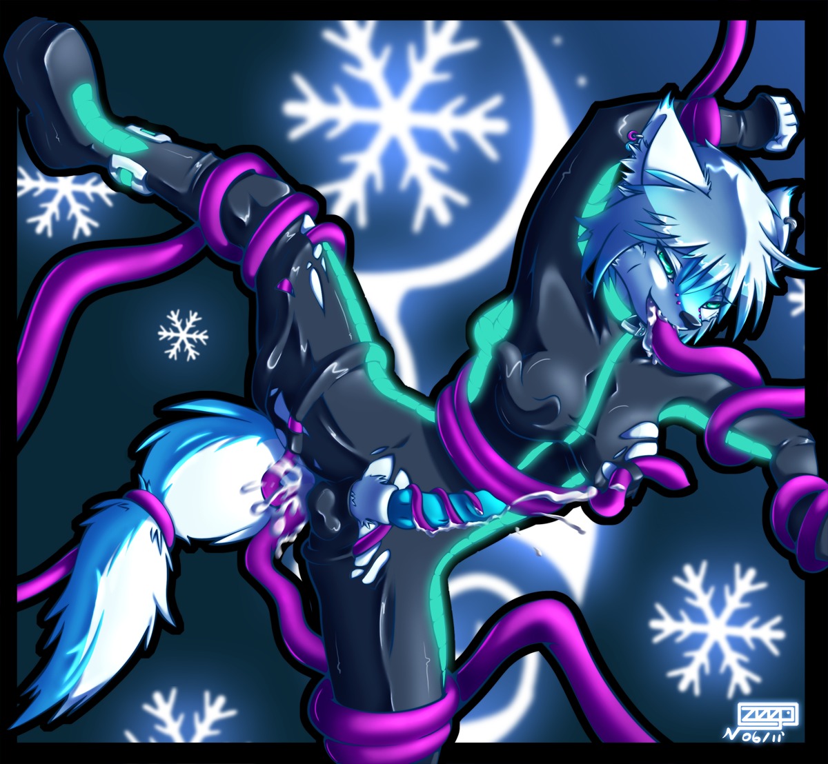 anthro artica_sparkle bodily_fluids bridge_piercing canid canine clothing cold cum cum_in_mouth cum_inside digital_media_(artwork) e621 ear_piercing erection facial_piercing fellatio genital_fluids genitals gynomorph ice ice_jogauni intersex jogauni jumpsuit latex mammal nose_piercing open_mouth open_smile oral oral_penetration penetration penile penis piercing restrained sex shaded smile snowflake solo spread_legs spreading tail tentacle_in_mouth tentacle_penetration tentacle_sex tentaclejob tentacles z00p