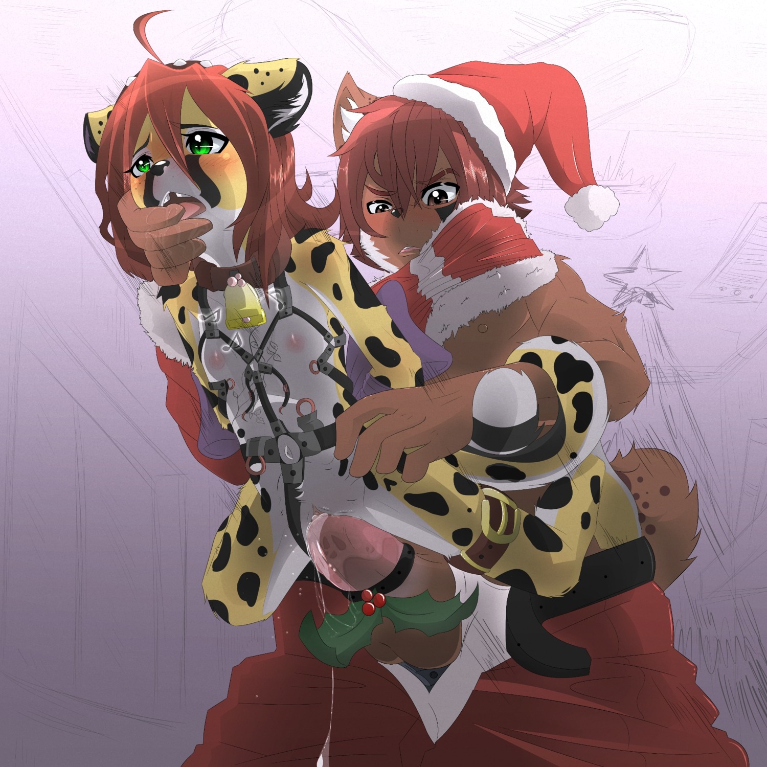 1:1 accessory age_difference anthro anthro_on_anthro anthro_penetrated anthro_penetrating anthro_penetrating_anthro balls bdsm bell big_penis blush bodily_fluids brown_eyes cheetah chimangetsu christmas clitoris clothed clothing cock_ring collar dominant duo e621 erection felid feline female female_penetrated finger_fetish finger_in_mouth finger_play fingers genital_fluids genitals green_eyes hair harness hi_res holidays holly_(plant) interspecies jewelry ketzio kitani large_penetration larger_dom larger_male low-angle_view lynx male male/female male_penetrating male_penetrating_female mammal mistletoe nipples open_mouth partially_clothed penetration penile penile_penetration penis penis_accessory penis_in_vagina penis_jewelry plant precum santa_claus sex size_difference smaller_female smaller_penetrated tongue vaginal vaginal_fluids vaginal_penetration vulva yamaneko_sougi young young_anthro younger_penetrated