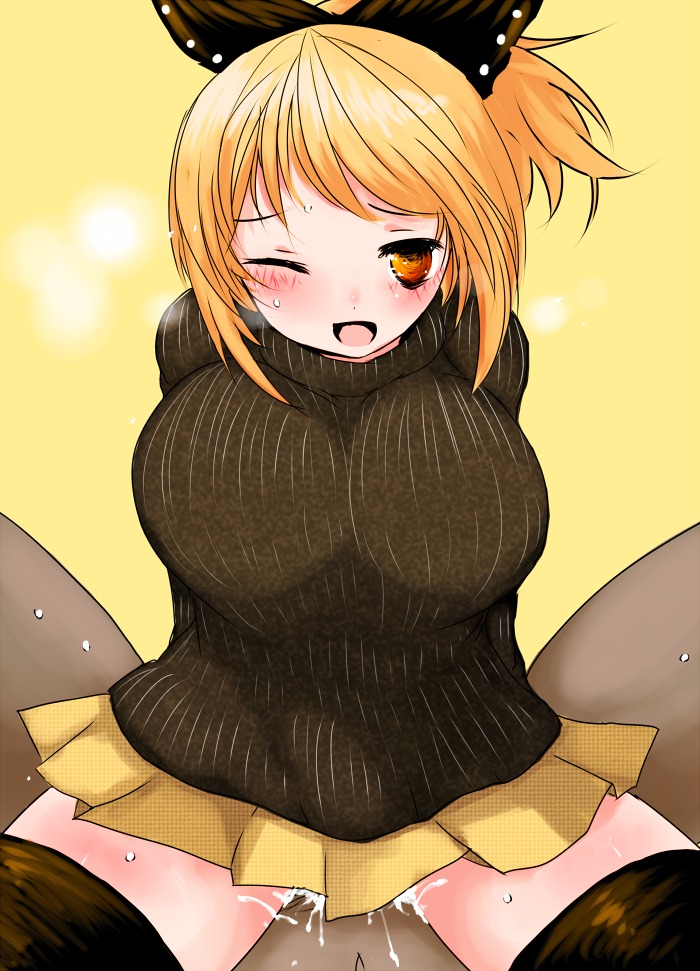 1boy 1girls blonde_hair blush breasts clothed_sex cum cum_inside dark-skinned_male dark_skin eyebrows_visible_through_hair female han64 han_(jackpot) huge_breasts large_breasts long_sleeves male navel one_eye_closed open_mouth rule34 simple_background skirt solo sweater team_shanghai_alice touhou under_skirt wince wink yamame_kurodani yellow_eyes youkai