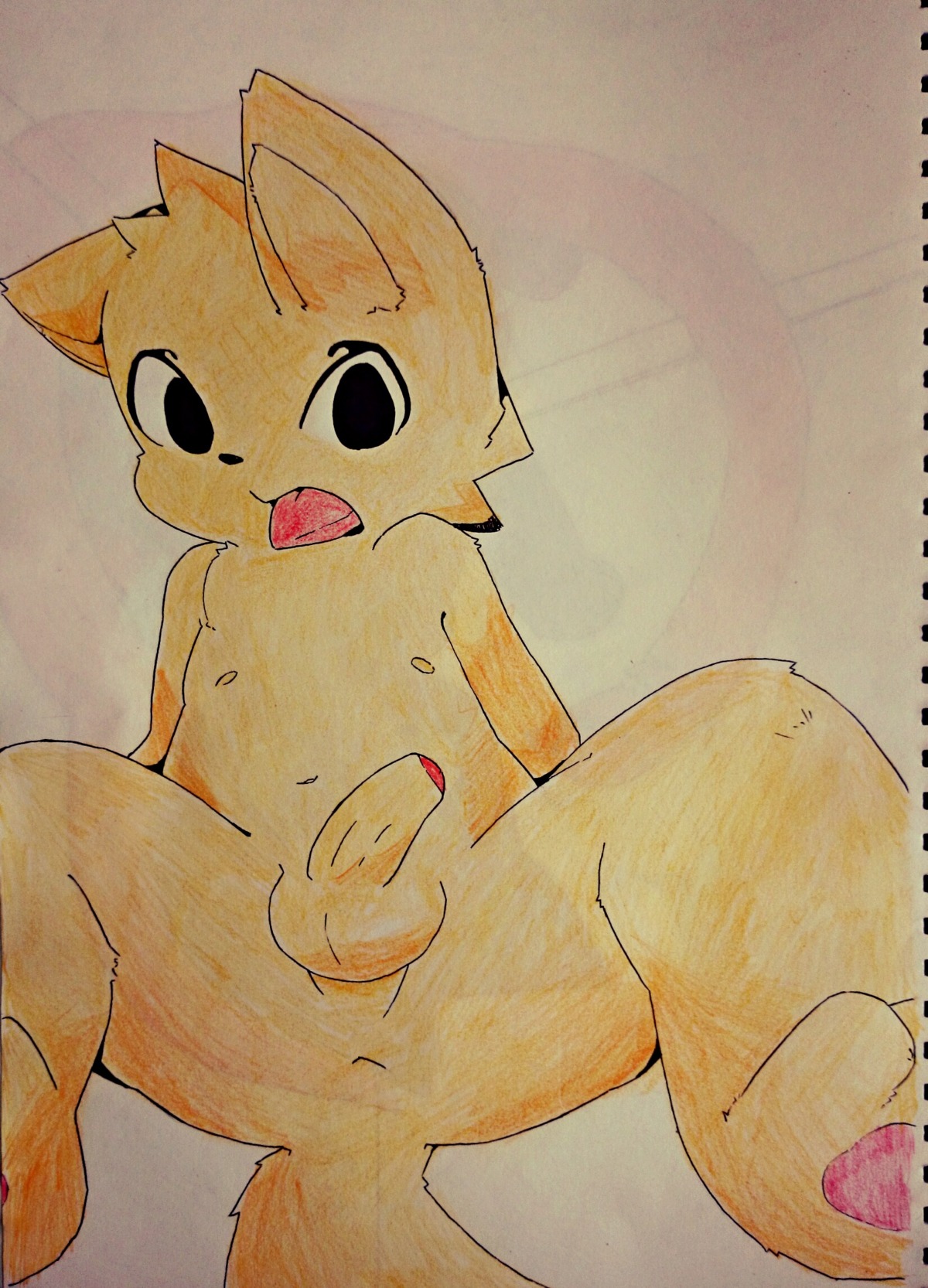 anthro anus balls black_eyes d: e621 erection foreskin fur genitals hi_res humanoid_genitalia humanoid_penis kuruitty male nude open_mouth partially_retracted_foreskin pawpads penis pink_pawpads red_tongue shota simple_background solo tan_body tan_fur tongue traditional_media_(artwork) white_background young young_anthro young_male