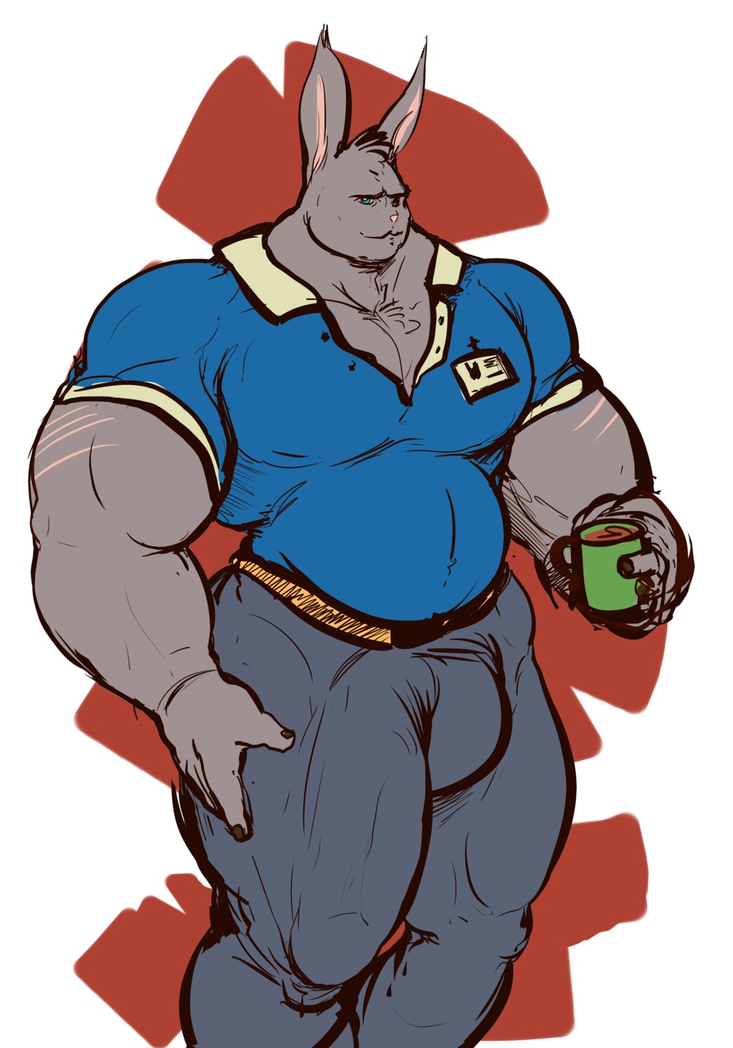 2013 absurd_res anthro beverage biceps big_bulge big_muscles biped blue_eyes bulge clothed clothing coffee detailed_bulge e621 fully_clothed fur genital_outline hi_res holding_object huge_bulge hyper hyper_bulge lagomorph leporid looking_at_viewer male mammal musclegut muscular muscular_anthro muscular_male pecs penis_outline rabbit simple_background slightly_chubby smile solo standing whatinsomnia