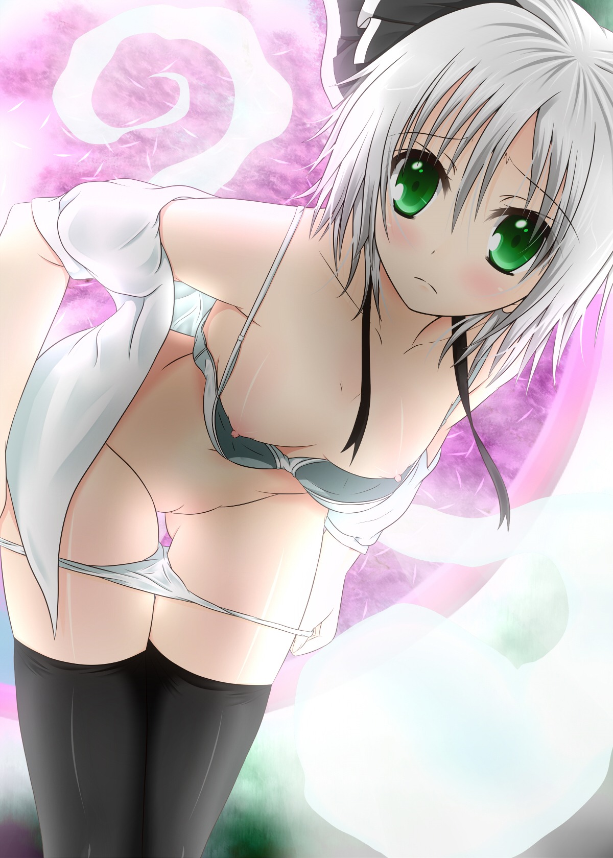 1girls bent_over black_legwear black_thighhighs bra breasts collarbone female ghost green_eyes hairband highres lingerie myon nipples open_clothes open_shirt panties panty_pull pussy rule34 shirt short_hair silver_hair solo thighhighs toranashi touhou uncensored underwear underwear_only undressing youmu_konpaku youmu_konpaku_(ghost)