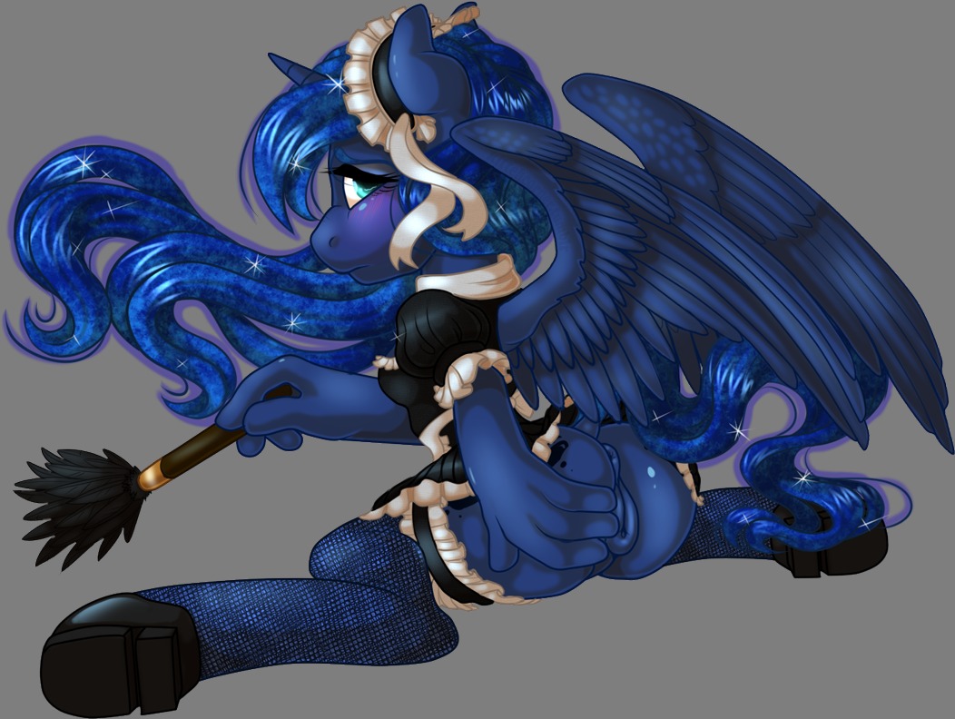 2013 alpha_channel anthro anthrofied anus biped blue_body blue_eyes blue_feathers blue_hair blush butt cleaning_tool clothing e621 equid equine eyelashes feather_duster feathered_wings feathers female fishnet_clothing friendship_is_magic genitals hair hasbro horn kittehkatbar legwear long_hair looking_at_viewer looking_back maid_uniform mammal my_little_pony mythological_creature mythological_equine mythology princess_luna_(mlp) simple_background solo sparkles stockings tail transparent_background uniform vulva winged_unicorn wings