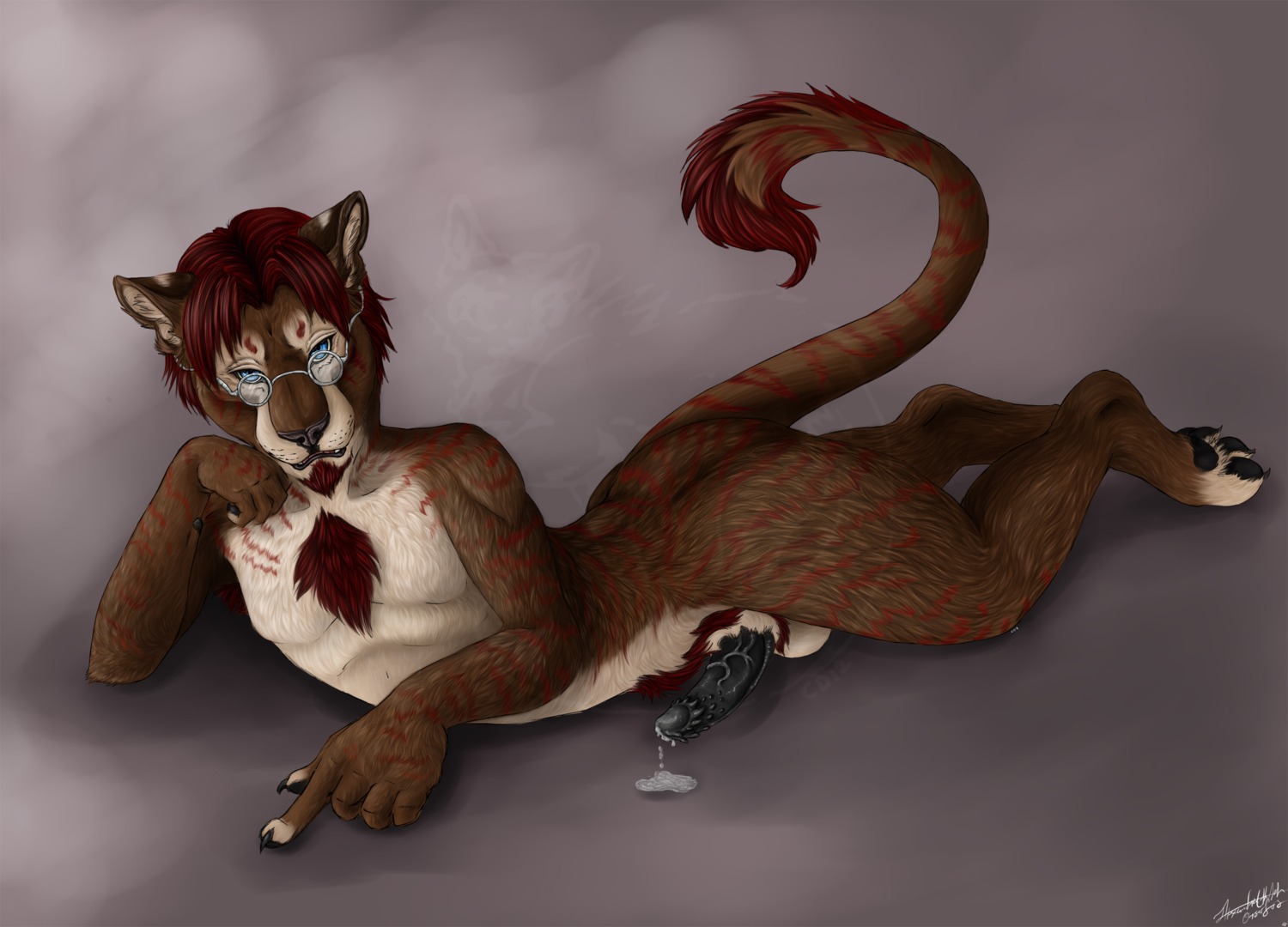 anthro balls biped black_penis bodily_fluids claws cum e621 erection eyewear felid fur genital_fluids genitals glasses hair hi_res hybrid krimzen_redwing liger lion looking_at_viewer male mammal nude pantherine penis pinup pose raised_tail simple_background solo stripes tail taka_tiger tiger