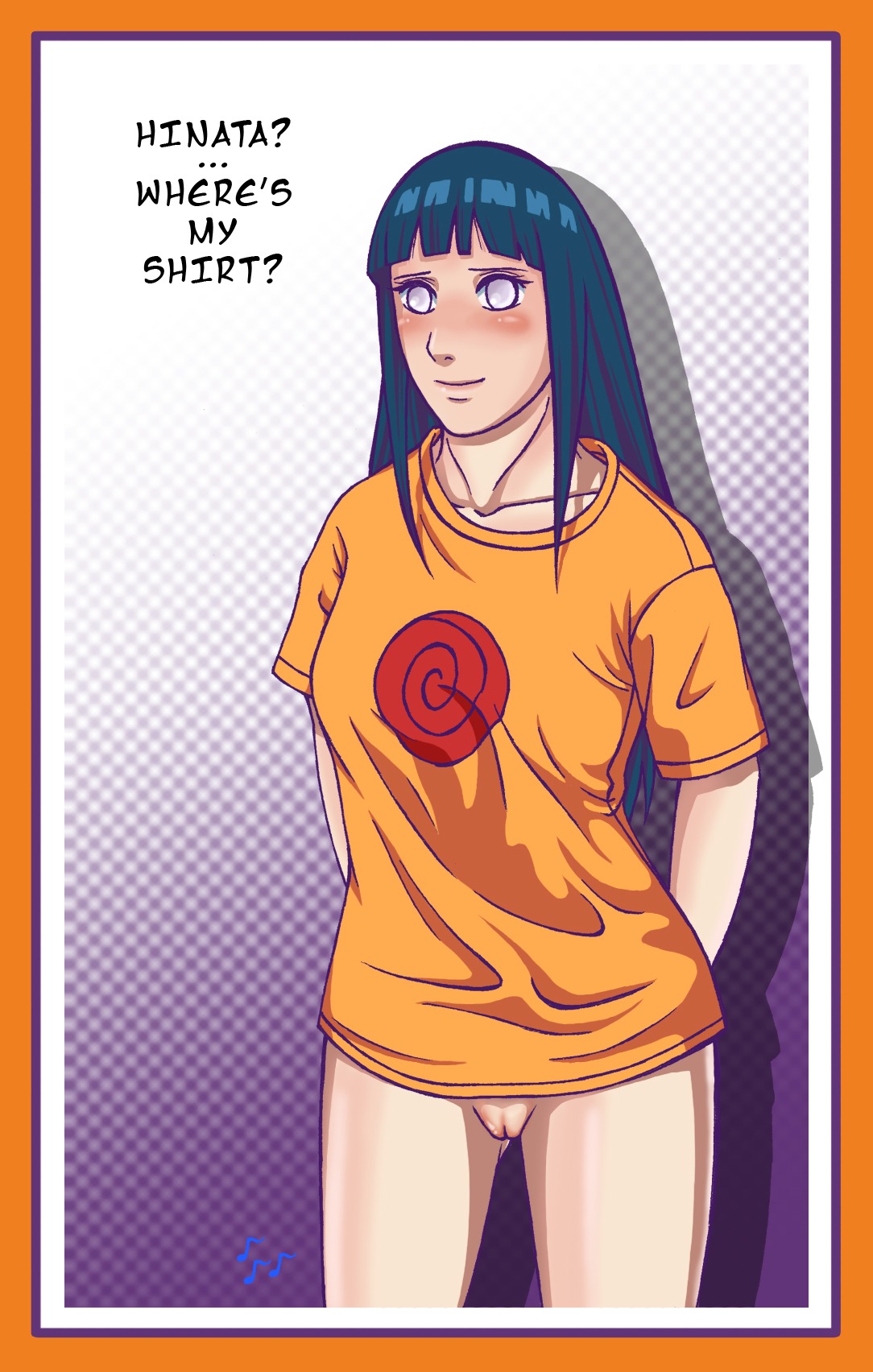 blush bottomless color dialogue english_text female female_only food fruit highres human hyuuga_hinata jakenova naruto naruto_(series) pussy rule34 solo standing straight_hair t-shirt uncensored vagina white_eyes