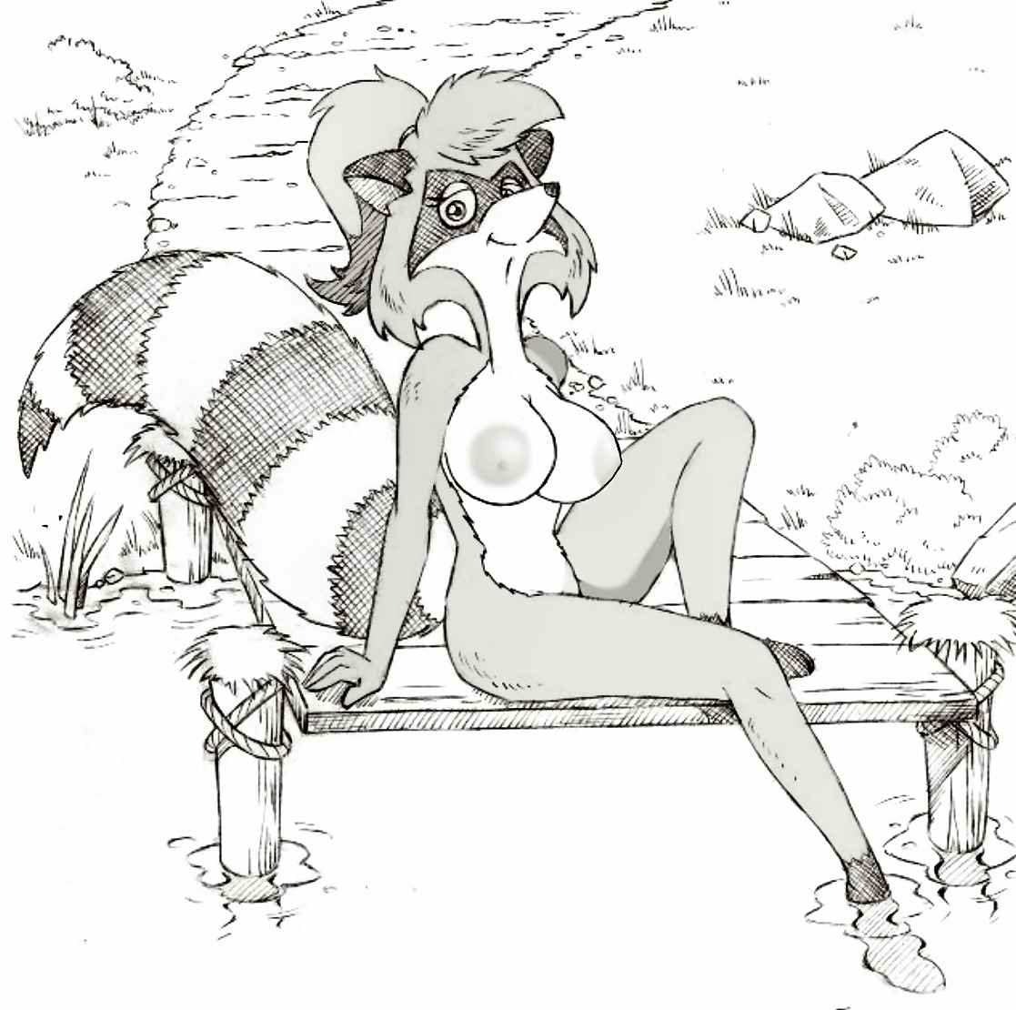 alternate_breast_size anthro big_breasts breasts female female_only lisa_raccoon monochrome raccoon rule34 solo tagme the_raccoons