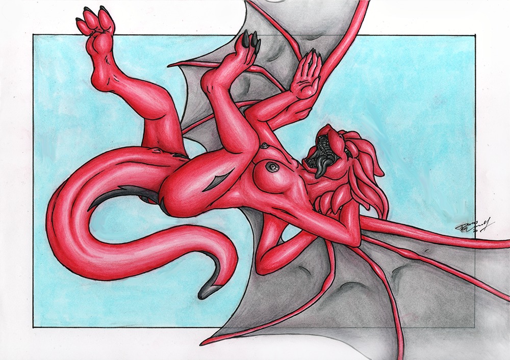 anus black_markings black_nipples black_tongue black_vulva breasts cloud dragon drena drenath e621 feet female flying forceswerwolf fur gaping_mouth genitals gesture green_eyes hindpaw hybrid looking_at_viewer markings membrane_(anatomy) membranous_wings mythological_creature mythological_scalie mythology nipples non-mammal_breasts non-mammal_nipples nude open_mouth outside paws red_body red_fur scalie sky skyscape solo tail tongue tongue_out vulva waving wings