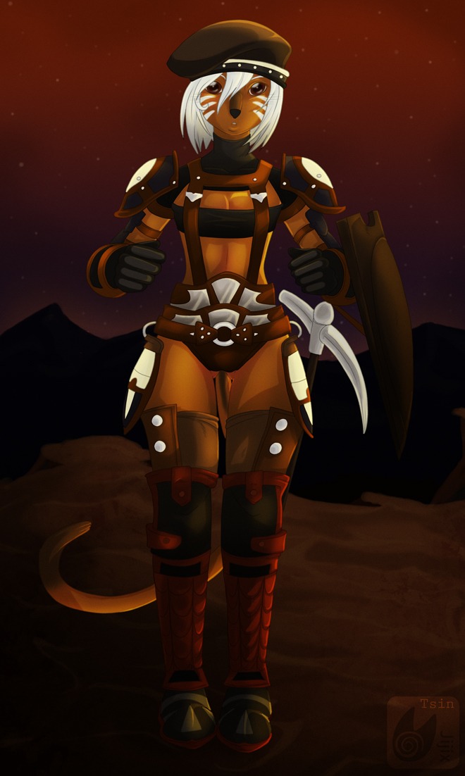 2009 animal_humanoid armor beret breasts cat_humanoid clothed clothing digital_media_(artwork) e621 felid felid_humanoid feline feline_humanoid female final_fantasy final_fantasy_xi full-length_portrait hair hat headgear headwear humanoid mammal mammal_humanoid mithra pickaxe portrait skimpy small_breasts solo square_enix tail vagabond_(artist) white_hair