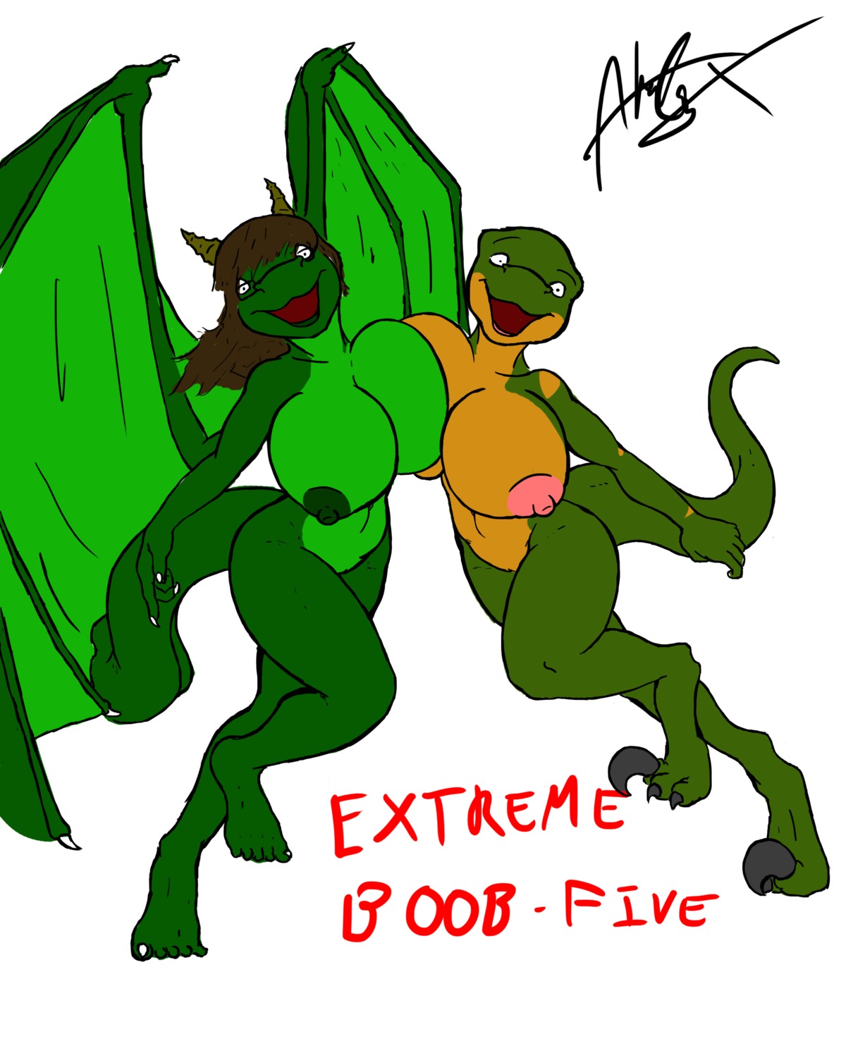 2014 absurd_res aisha_neavi_(akelyx) akelyx_(artist) anthro areola barefoot big_breasts breast_squish breasts breasts_frottage butt claws dinosaur dragon dromaeosaurid duo e621 english_text feet female genitals happy hi_res jade_moontail looking_at_viewer membrane_(anatomy) membranous_wings mythological_creature mythological_scalie mythology nipples non-mammal_breasts non-mammal_nipples nude open_mouth prehistoric_species reptile saurischian scalie simple_background smile squish tail text theropod velociraptor vulva wings