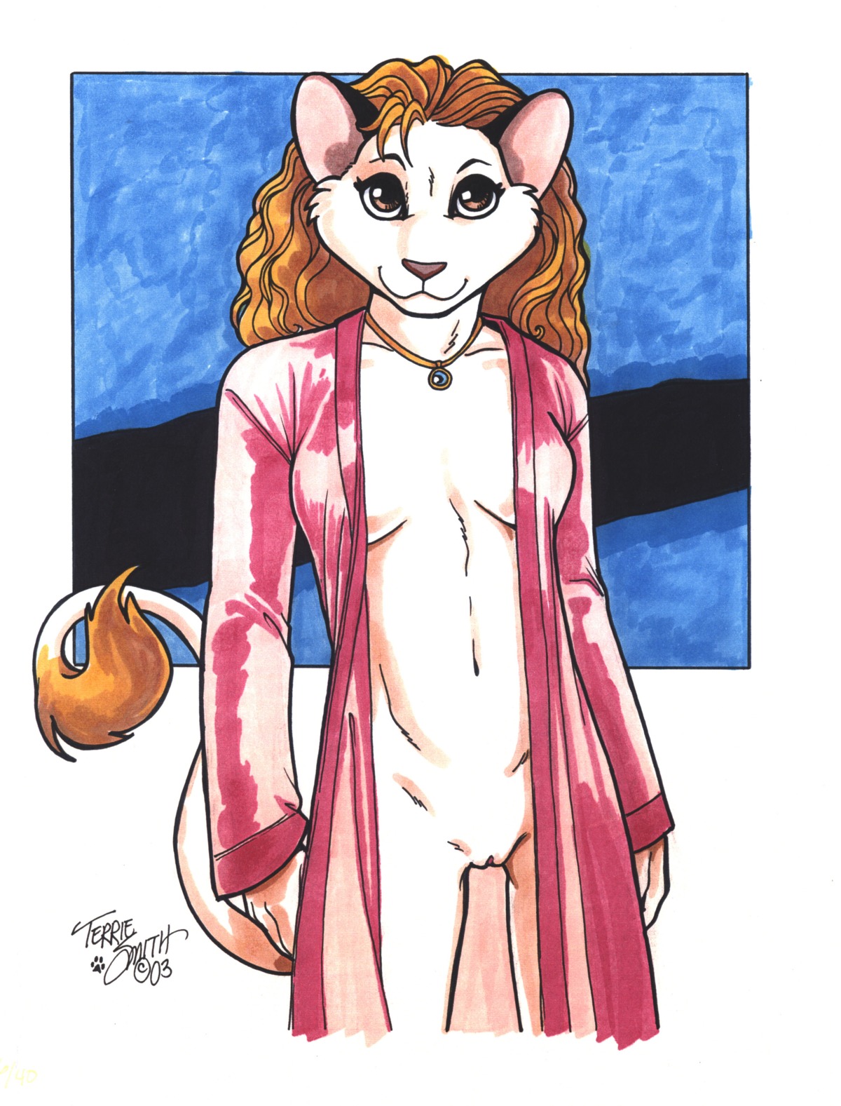 2003 absurd_res anthro breasts e621 felid female genitals hi_res lion mammal medium_breasts pantherine pinup pose signature solo tail tail_tuft terrie_smith traditional_media_(artwork) tuft vulva