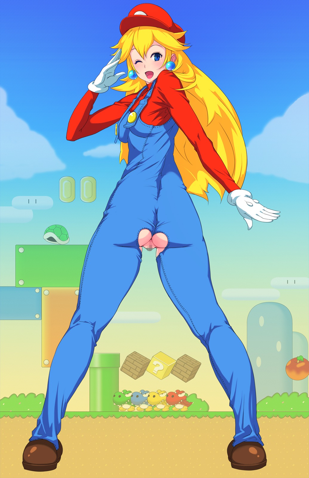 1girls ass breasts cosplay crotchless female female_only mario_(cosplay) mario_(series) medium_breasts nintendo pink_doragon princess_peach pussy rule34 super_mario_bros. wide_hips