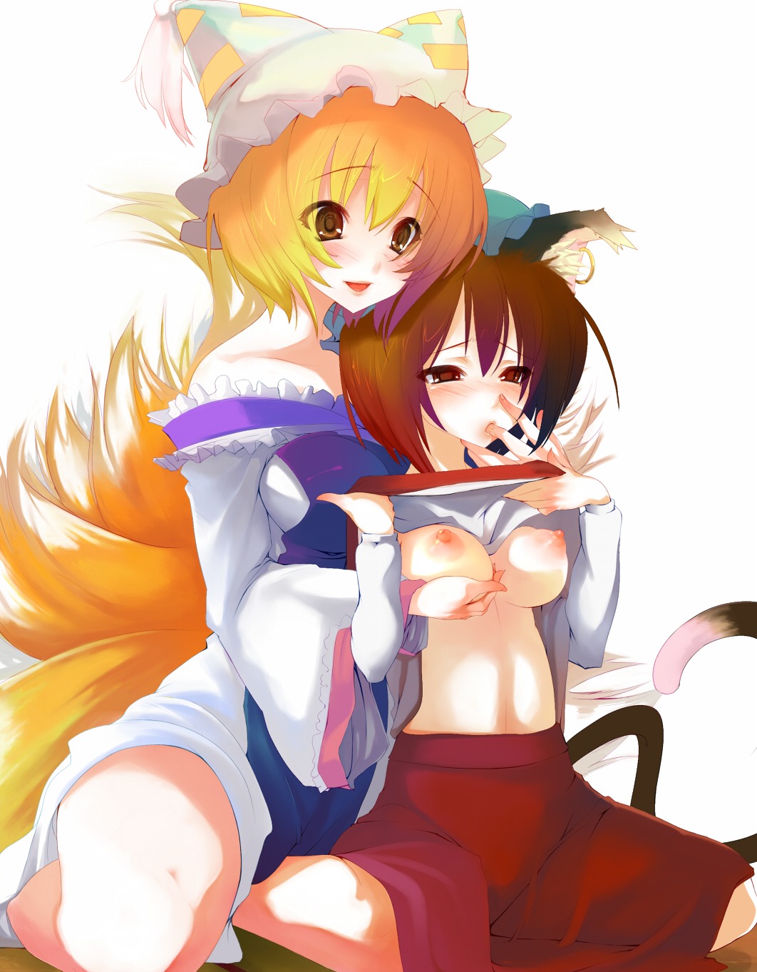 animal_ears blonde_hair blush breast_grab breasts brown_eyes brown_hair cat_ears cat_tail chen female finger_in_mouth fox_ear fox_tail hat highres karochii_(mochiya) multi_tail multiple_females multiple_girls mutual_yuri nipples ran_yakumo rule34 shirt_lift short_hair tail touhou uncensored yuri