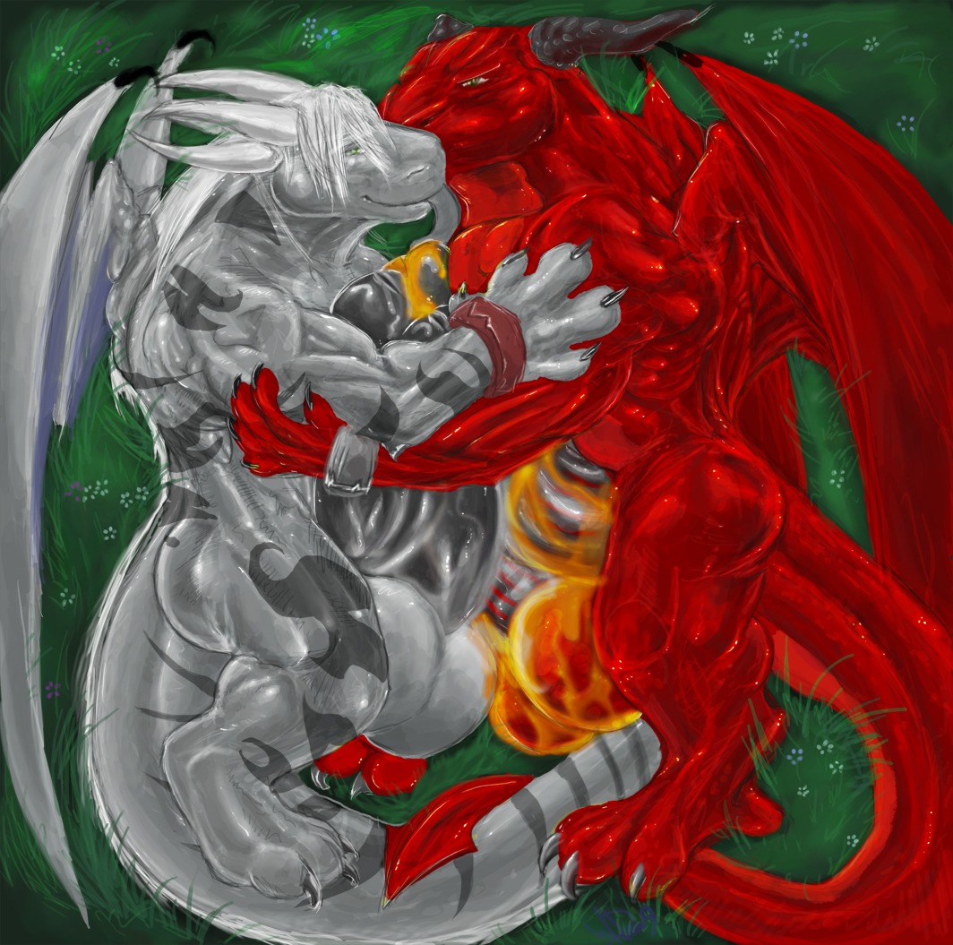 2_penises achak anthro balls big_balls bodily_fluids claws cum dragon duo e621 erection frottage genital_fluids genitals green_eyes grin guardianmoose horn huge_balls hyper hyper_balls hyper_genitalia licking lying male male/male membrane_(anatomy) membranous_wings multi_genitalia multi_penis muscular mythological_creature mythological_scalie mythology nude on_side penile penis penises_touching precum scalie sex slyther smile tail tongue tongue_out wings