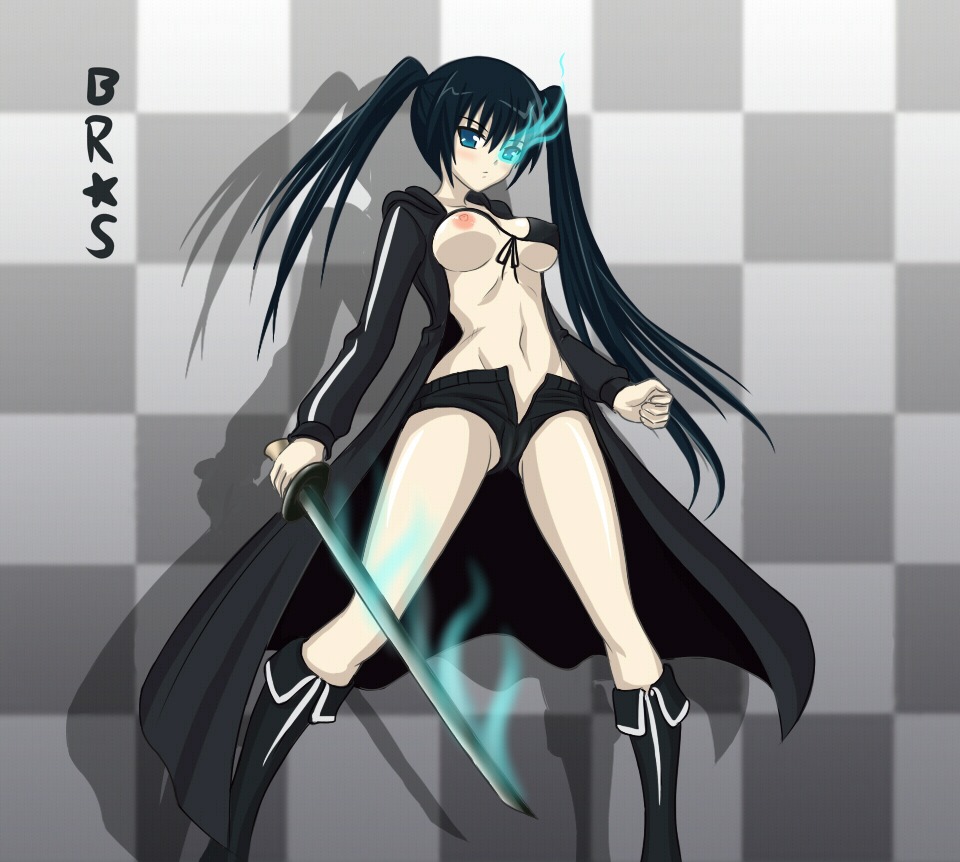 black_hair black_rock_shooter black_rock_shooter_(character) blue_eyes breasts coat female glowing glowing_eyes katana long_hair nipples rule34 sword tied_hair twintails weapon
