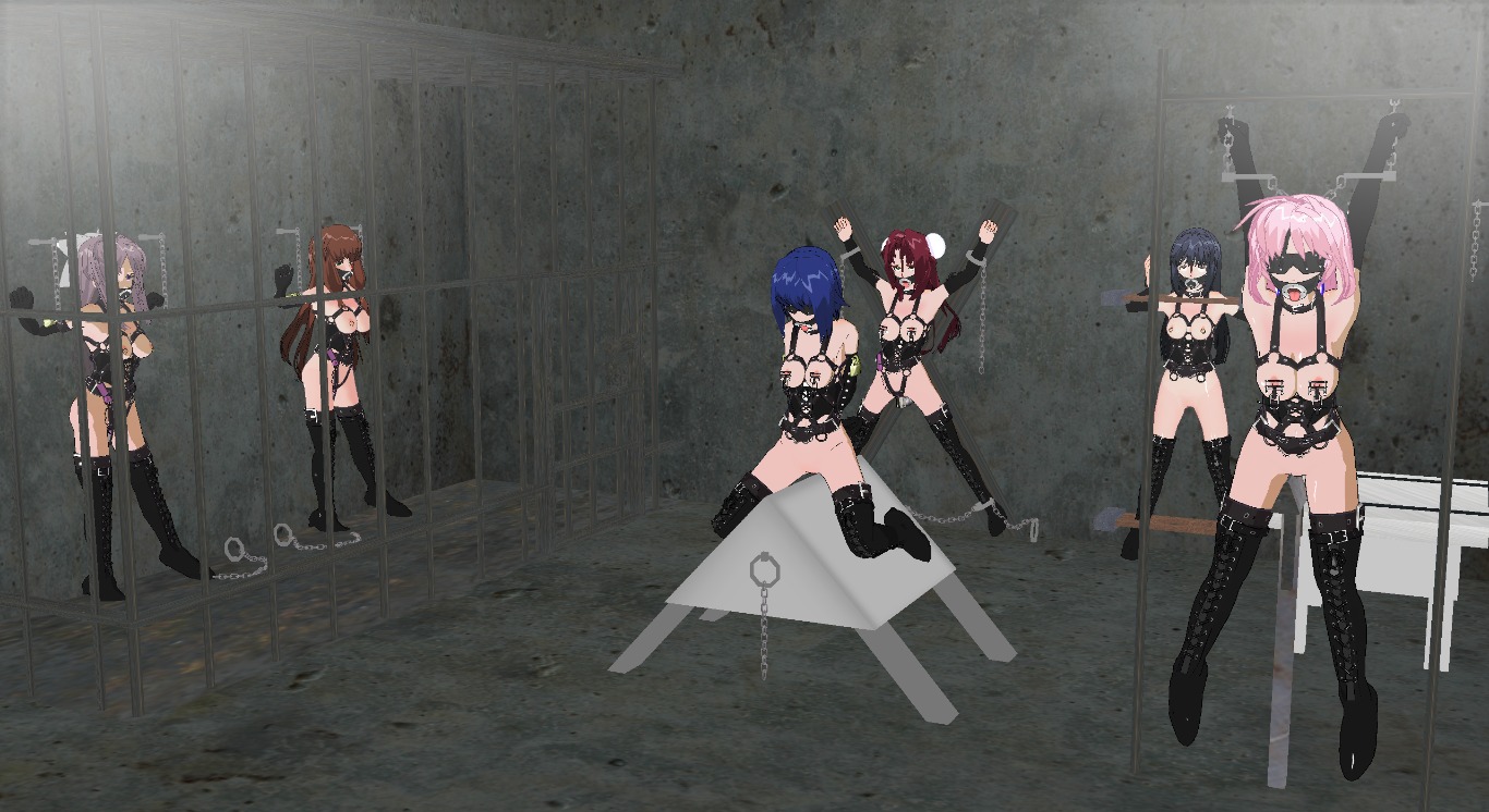 3d 3d_custom_girl blindfold bondage boots bound_ankles bound_wrists breasts cage captive chains dungeon female female_only femsub gag gagged multiple_females multiple_girls multiple_subs nipple_clamps nipples one_bar_prison open_mouth_gag ring_gag rule34 slave spread_arms spread_eagle spread_legs standing torture wooden_horse