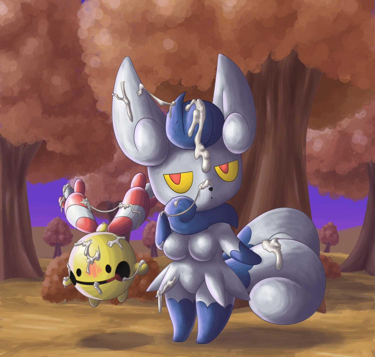 2_tails absurd_res blue_body blue_fur blue_hair blush bodily_fluids breasts chingling cum cum_covered cum_on_face cum_string duo e621 excessive_cum excessive_genital_fluids featureless_breasts female fur generation_4_pokemon generation_6_pokemon genital_fluids gloves_(marking) hair hi_res leg_markings looking_at_viewer markings meowstic meowstic_(female) messy multi_tail multicolored_body multicolored_fur nintendo ole outside plant pokemon pokemon_(species) red_eyes socks_(marking) tail thigh_highs_(marking) tree two_tone_body two_tone_fur white_body white_fur yellow_sclera