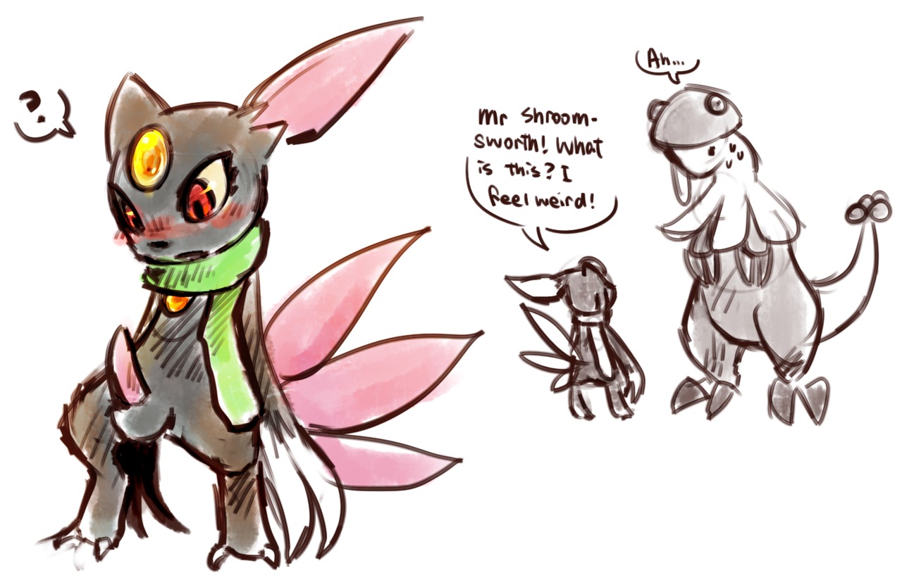2012 ambiguous_gender anthro balls blush breloom dialogue digital_media_(artwork) duo e621 english_text erection feral generation_2_pokemon generation_3_pokemon genitals haychel male male/ambiguous mostly_nude nintendo penis pmd-explorers pokemon pokemon_(species) red_eyes rhodes_(pmd-e) shroomsworth sneasel standing tail text young young_anthro
