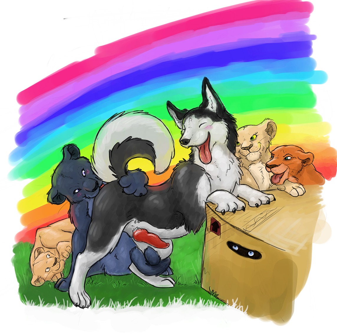 ambiguous_gender anal bent_over black_body black_fur blue_eyes blush box canid canine canis container domestic_dog e621 erection eyes_closed felid feral fur genitals green_eyes group hand_on_another's_butt hand_on_butt husky kisu knot konami licking lion male male/male male_penetrated male_penetrating male_penetrating_male mammal melanistic metal_gear nordic_sled_dog oral pantherine penetration penis purple_eyes rainbow rainbow_arch rimming sex solid_snake spitz tail tongue tongue_out voyeur yellow_eyes young young_feral