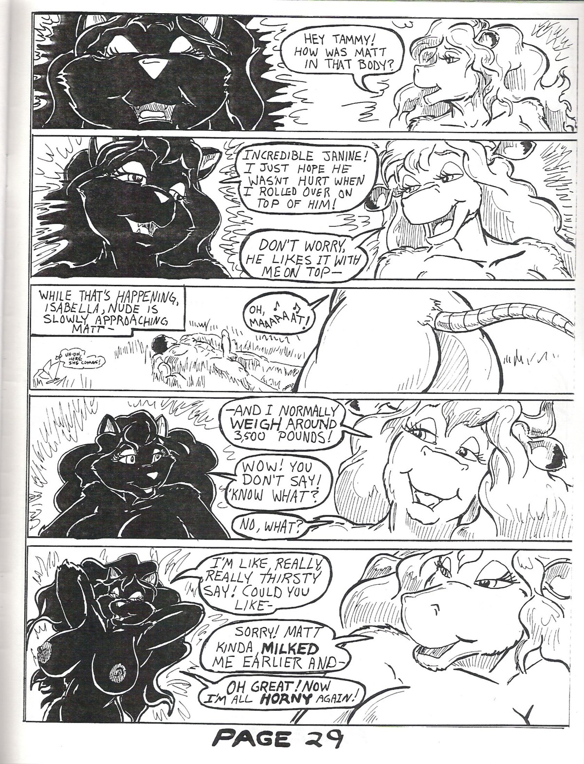 anthro being_watched big_breasts bovid bovine breasts cattle comic domestic_cat e621 english_text felid feline felis female group group_sex hi_res huge_breasts human human_on_anthro interspecies looking_at_another male male/female mammal monochrome musical_note musical_symbol nude oscar_marcus sex size_difference symbol tail text threesome tongue trio