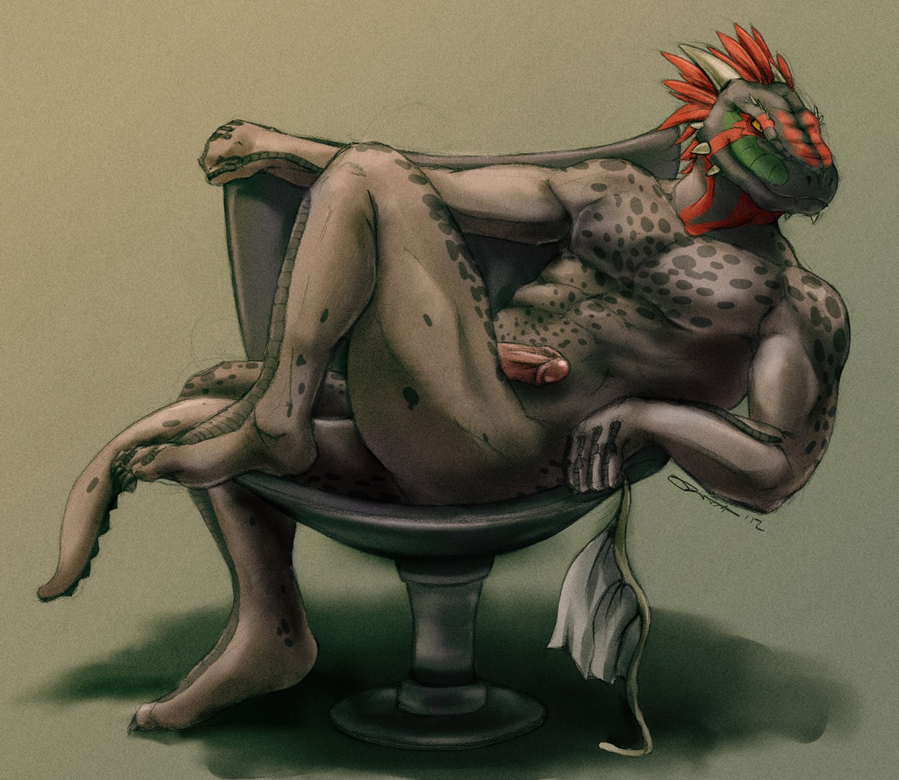2012 abs anthro argonian athletic bethesda_game_studios biceps big_penis biped bottomwear chair claws clothing e621 erection fangs feet furniture genitals green_body green_skin grey_body grey_skin grin hair holding_clothing holding_object holding_underwear horn humanoid_genitalia humanoid_penis junkersquawker loincloth lying male markings microsoft muscular muscular_anthro muscular_male nude on_back pecs penis pinup pose reclining red_body red_hair red_skin reptile scalie sitting skyrim smile solo spots tagg tail teeth the_elder_scrolls toe_claws underwear undressing yellow_eyes