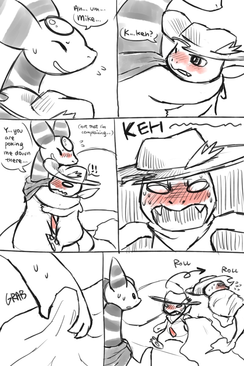 2012 2:3 ampharos anthro bed bedding blanket blush bodily_fluids charmander clothed clothing comic dialogue digital_drawing_(artwork) digital_media_(artwork) duo e621 embarrassed english_text erection fire flaming_tail fresnel_(buyobutt) furniture generation_1_pokemon generation_2_pokemon genitals hat haychel headgear headwear hi_res hug hugging_another larger_male male male/male mike_the_charmander monochrome multiple_scenes nintendo penis pmd-explorers pokemon pokemon_(species) rolling scarf size_difference smaller_male smile sweat tail tapering_penis text
