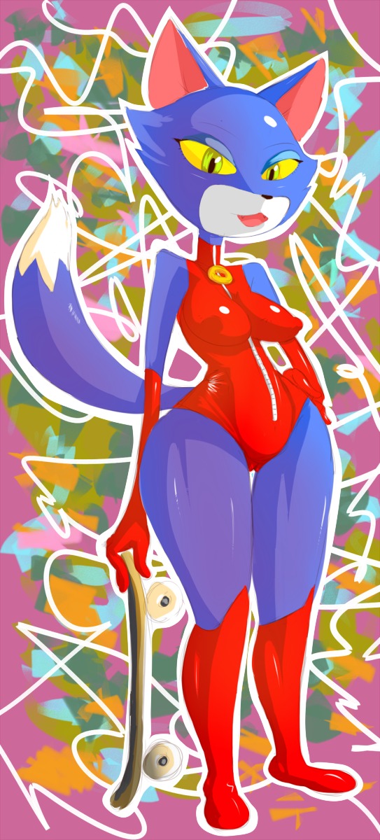 abstract_background actionbastardvirginblstr atlus blue_body blue_fur boots breasts camel_toe clothing domestic_cat e621 felid feline felis female footwear fur gloves go!_go!_hypergrind green_eyes hand_on_hip handwear hi_res knee_boots knee_highs latex legwear leotard mammal penny_(ggh) red_clothing red_leotard sega shoes simple_background skateboard skinsuit solo thick_thighs tight_clothing vehicle wide_hips yellow_sclera zipper zipper_leotard