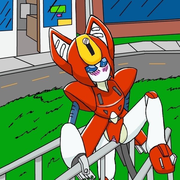 1:1 blue_eyes blush e621 electrostimulation feline_ears female genitals machine masturbation medabots peppercat railing red_body robot robot_anthro solo unknown_artist vaginal vaginal_masturbation vulva white_body