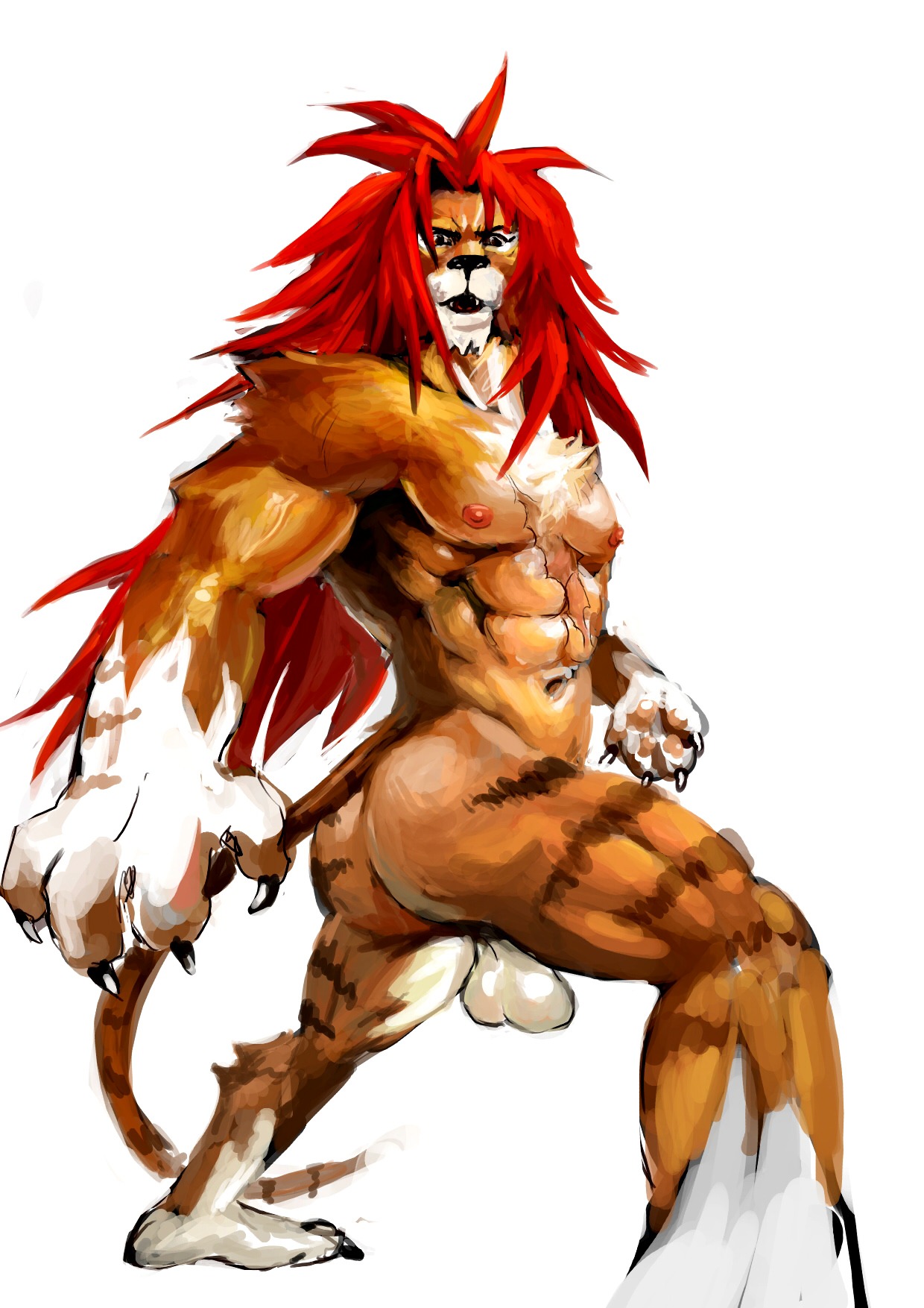 anthro backsack balls butt chest_tuft e621 felid fur genitals hair hi_res hybrid inmomakuro lion long_hair male mammal muscular muscular_male nipples nude pantherine red_hair simple_background solo stripes tail tiger tuft tyon white_background