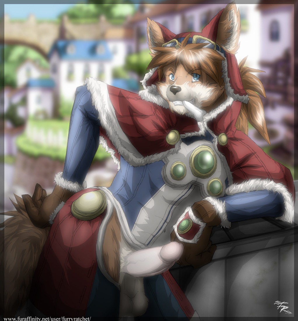 2011 akita akita_inu anthro balls biped blue_eyes bone canid canine caninu canis cyberconnect2 digital_media_(artwork) domestic_dog e621 erection eyewear fluffy fluffy_tail furryratchet genitals goggles hair humanoid_genitalia humanoid_penis little_tail_bronx male mammal penis red_savarin solatorobo solo spitz tail teeth text url
