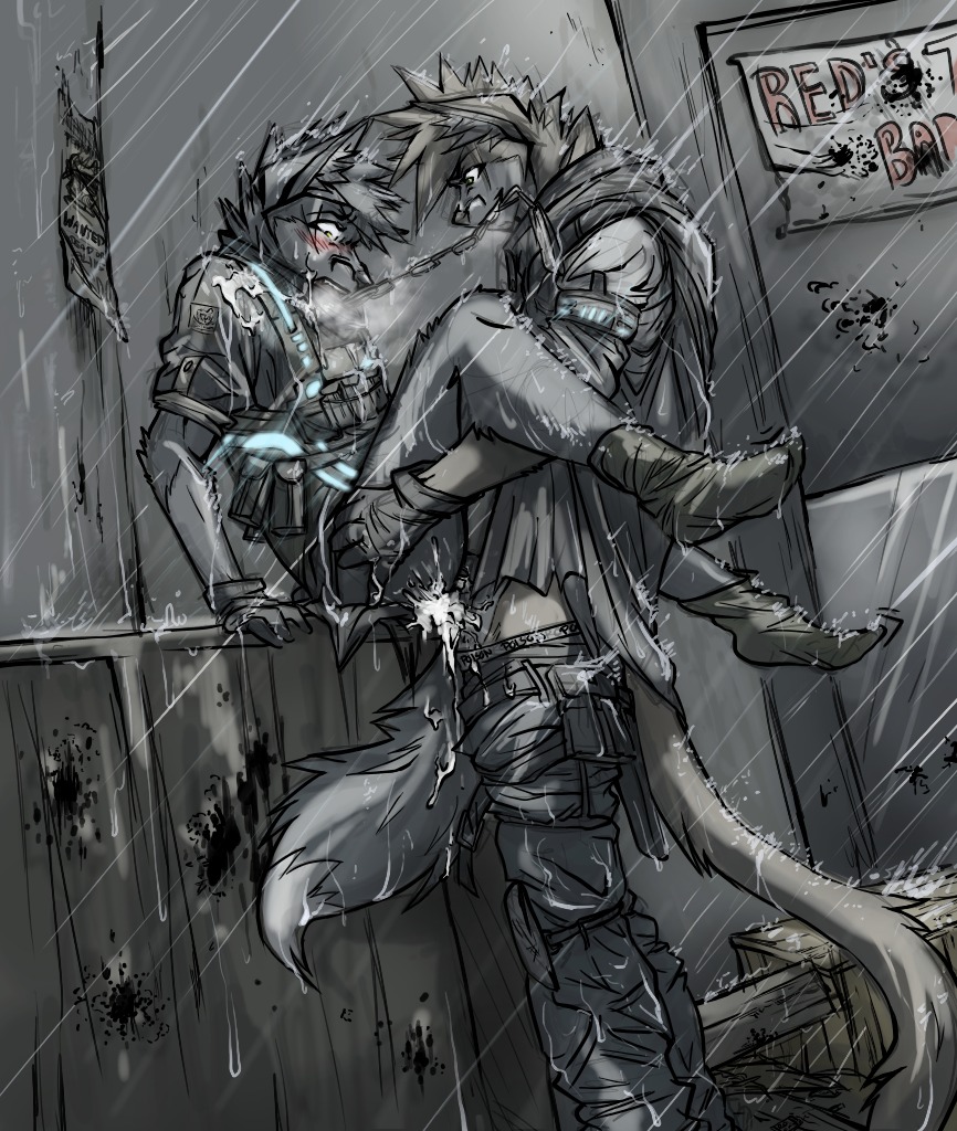 anal anal_penetration anthro armor bdsm blush bodily_fluids body_armor bondage bottomwear bottomwear_down bound bullet_hole canid canine chain chain_leash chained clothed clothing collar cum cum_in_ass cum_inside dominant dominant_male duo e621 genital_fluids grey_theme leash leash_pull linni-fight male male/male male_penetrated male_penetrating male_penetrating_male mammal outside pants pants_down partially_clothed penetration raining sex sign spot_color street submissive submissive_male wanted_poster water