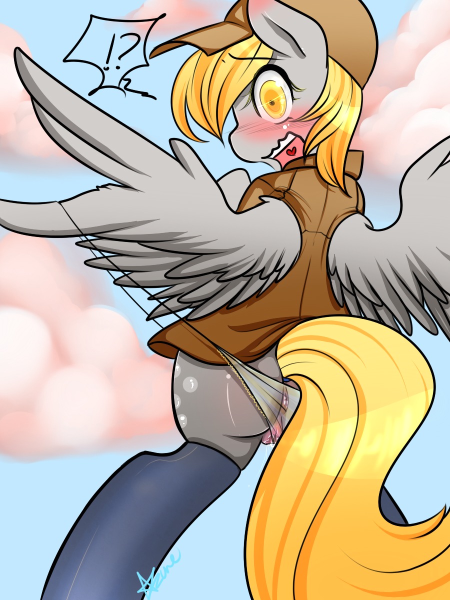 2013 3:4 anthro anthrofied anus azugarlic biped blonde_hair blush bodily_fluids bottomwear butt clothing cutie_mark derpy_hooves_(mlp) e621 embarrassed equid equine feathered_wings feathers female friendship_is_magic frilly frilly_clothing frilly_panties frilly_underwear fur genital_fluids genitals grey_body grey_feathers grey_fur hair hasbro hat headgear headwear hi_res mammal my_little_pony mythological_creature mythological_equine mythology open_mouth outside panties pattern_bottomwear pattern_clothing pattern_panties pattern_underwear pegasus puffy_anus pussy_floss sky solo striped_bottomwear striped_clothing striped_panties striped_underwear stripes underwear vaginal_fluids vulva wedgie wings yellow_eyes