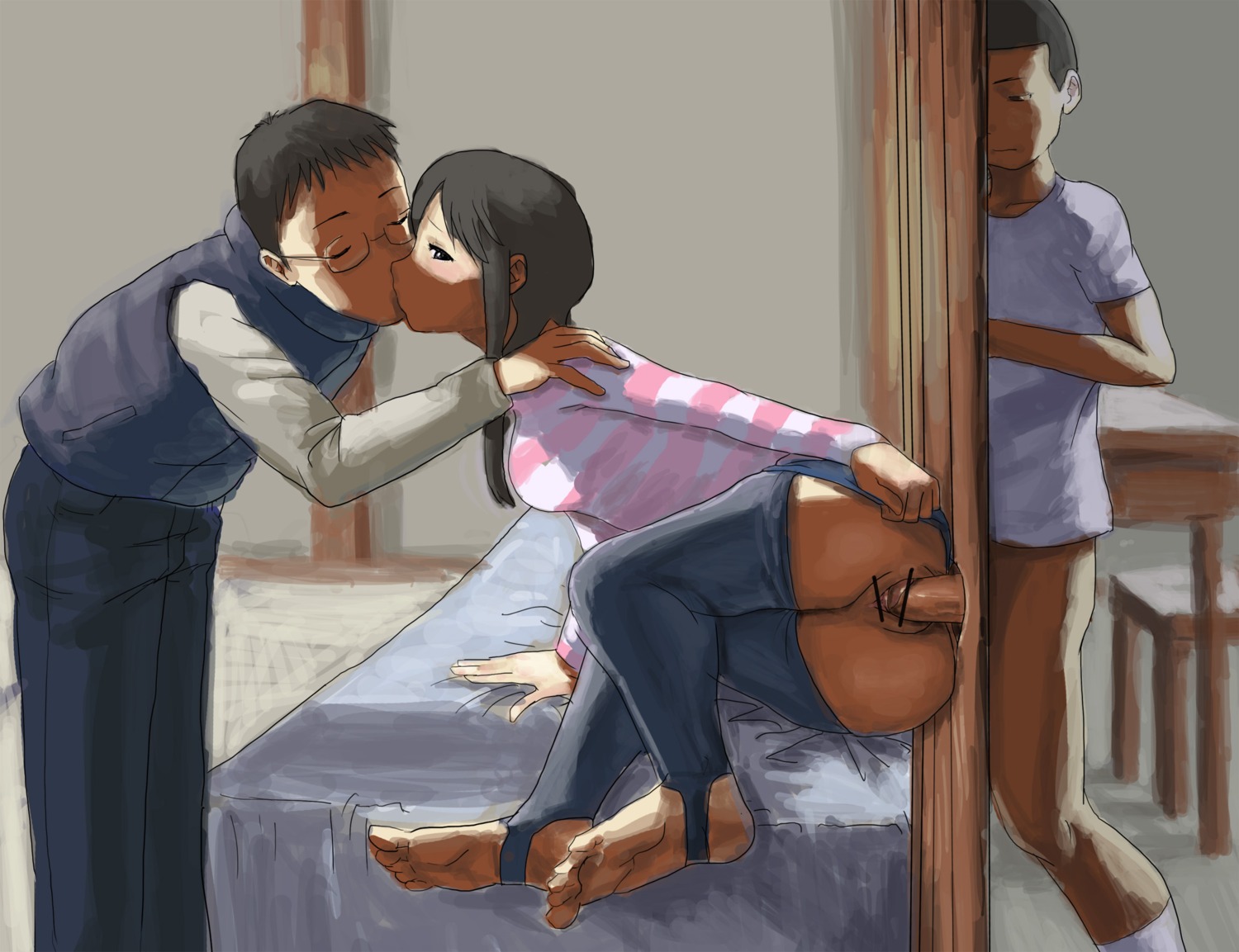 1girls 2boys artist_request ass bad_anatomy bed black_hair bottomless breasts cheating erection exhibitionism female female_penetrated fully_clothed glasses glory_hole highres kissing kissing_lover_while_cheating large_ass male male_penetrating male_with_male medium_breasts milf more_revealing_backside multiple_boys multiple_males netorare original penis pussy rule34 sex source_request stealth_sex straight toeless_socks upskirt vaginal_penetration