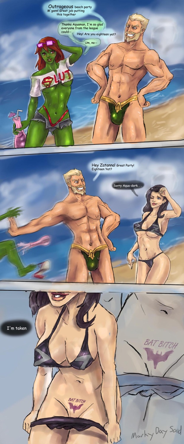 1boy 2girls aquaman aquaman_(series) arthur_curry black_hair cleavage dc dc_comics dialogue earth_16 english_text female human lipstick long_hair male markydaysaid miss_martian red_hair rule34 speech_bubble straight tattoo text young_justice zatanna