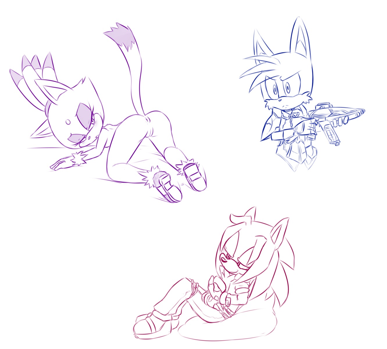 anthro anus blaze_the_cat canid canine digital_drawing_(artwork) digital_media_(artwork) domestic_cat e621 felid feline felis female fox genitals hi_res male mammal miles_prower monochrome multiple_images presenting sega solo sonic_the_hedgehog_(series) tenshigarden vulva