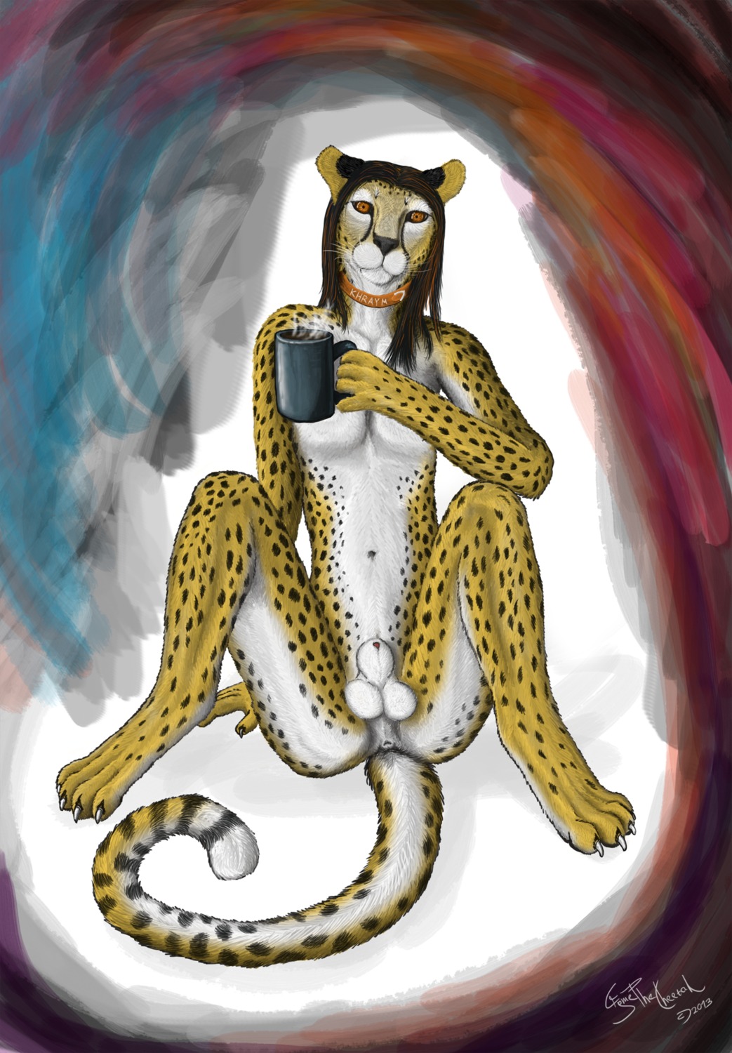 2013 abstract_background anatomically_correct animal_genitalia anthro anus balls beverage biped black_hair butt cheetah claws coffee coffee_mug collar container cryme_the_cheetah cup e621 felid feline femboy food fully_sheathed fur genitals hair hi_res holding_container holding_cup holding_object khraym long_hair looking_at_viewer male mammal markings nude orange_eyes orange_hair paws presenting realistic shaded sheath simple_background sitting smile solo spots spotted_body spotted_fur spread_legs spreading whiskers white_body white_fur yellow_body yellow_fur