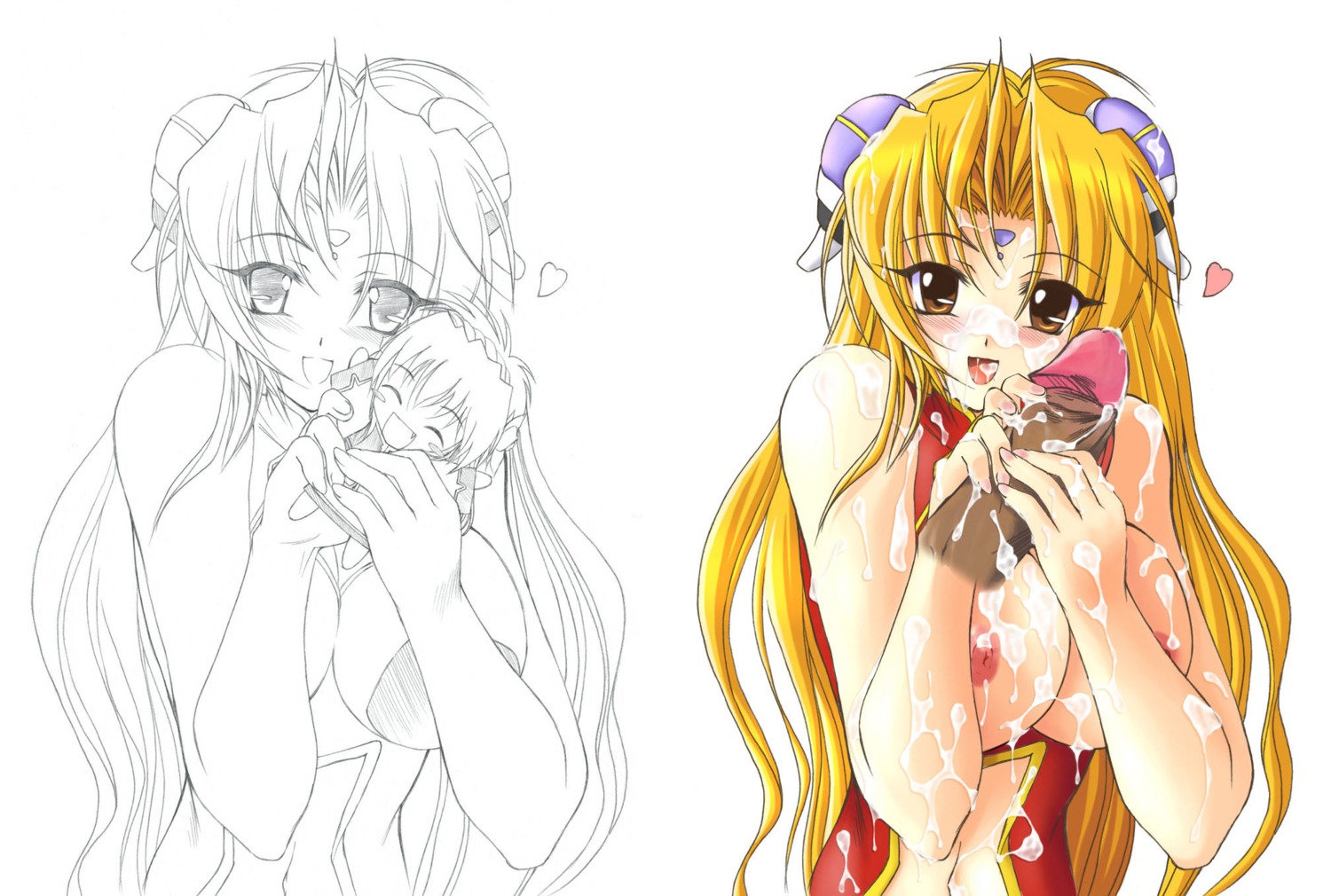 blonde_hair blush breasts brown_eyes cum eyebrows_visible_through_hair female female_focus galaxy_angel handjob headwear large_breasts long_hair open_clothes open_mouth ranpha_franboise rule34 straight very_long_hair vest