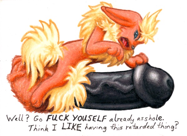 e621 eeveelution english_text erection flareon generation_1_pokemon genitals humanoid_genitalia humanoid_penis hyper male nintendo nude penis pokemon pokemon_(species) profanity simple_background solo text unknown_artist white_background