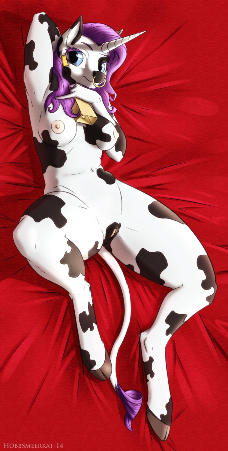 2014 alternate_species anthro anthrofied barefoot biped blue_eyes bovid bovine breasts cattle cowbell dairy_cattle e621 equid equine facial_piercing fan_character feet female friendship_is_magic fur genitals hair hands_behind_back hasbro hi_res hobbsmeerkat holstein_friesian_cattle horn lying mammal my_little_pony mythological_creature mythological_equine mythology nipples nose_piercing nose_ring nude on_back piercing purple_hair raricow_(mlp) rarity_(mlp) ring_piercing septum_piercing solo spread_legs spreading unicorn vulva white_body white_fur