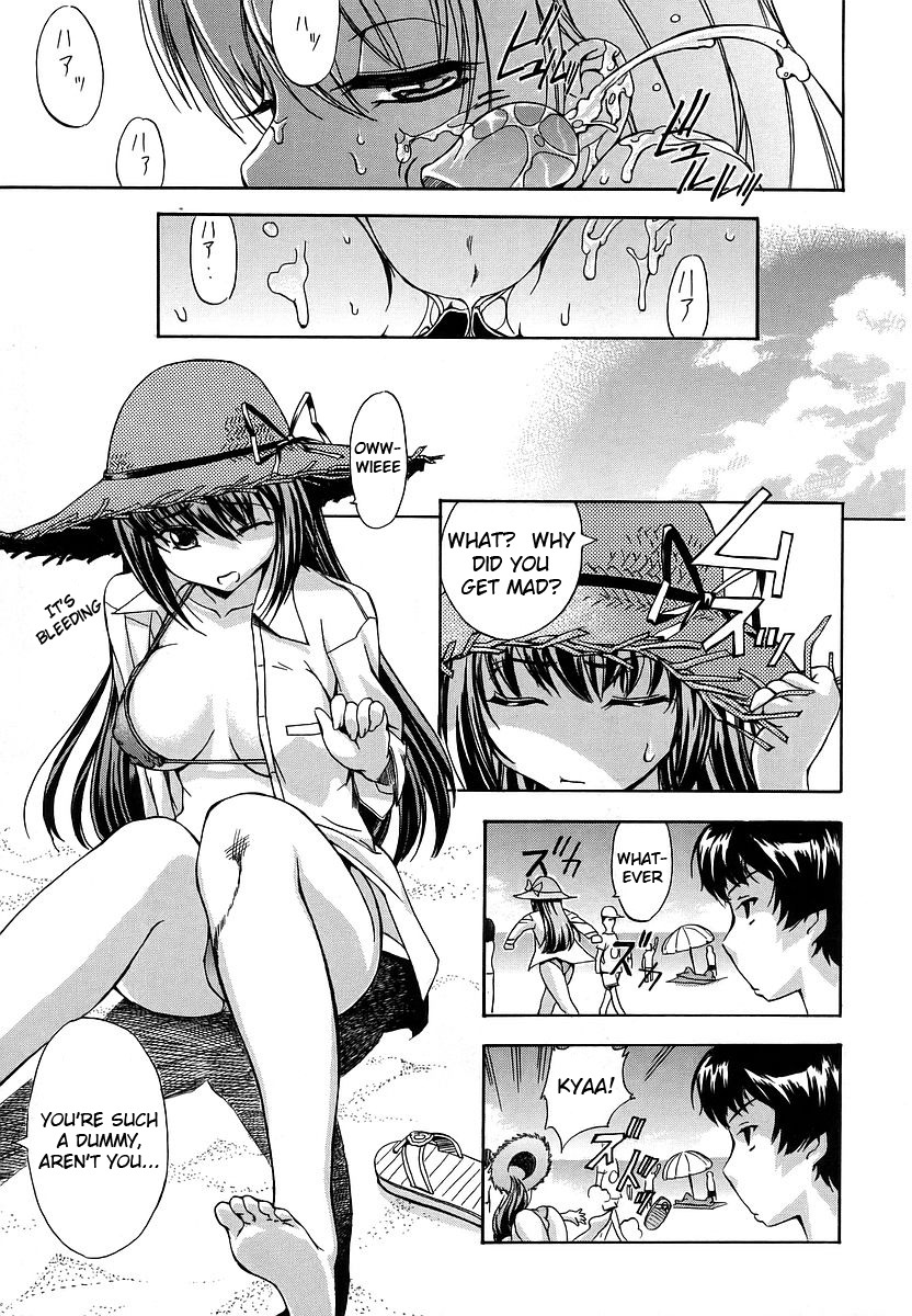 beach bikini breasts closed_eyes cum cum_on_face cum_on_shoulder dialogue dress_shirt eyes_closed female highres huge_breasts inu777 manga midriff monochrome nipple_bulge one_eye_closed open_clothes rule34 shirt straw_hat swimsuit text translated