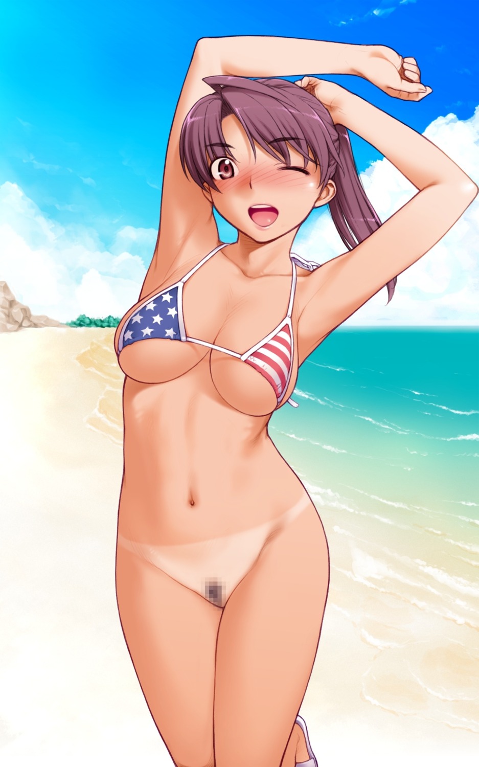 american_flag american_flag_bikini armpits arms_up beach bikini bikini_top blush bottomless breasts brown_eyes brown_hair censored chinatsu chinatsu_(sweet_home) cloud clouds female female_only flag_print furuhashi_chinatsu game_cg highres human kiriyama_taichi large_breasts long_hair mosaic_censoring ocean ponytail pubic_hair pussy rule34 sky solo stretch sweet_home swimsuit tan tanline tied_hair wink
