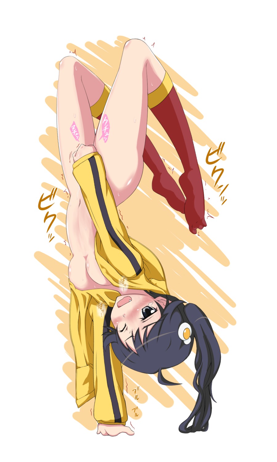 araragi_karen bakemonogatari black_eyes black_hair bottomless convenient_censoring cute_fang female hair_ornament handstand highres masturbation mikepon_(ota_office) monogatari_(series) nisemonogatari open_mouth rule34 side_ponytail upside-down wink