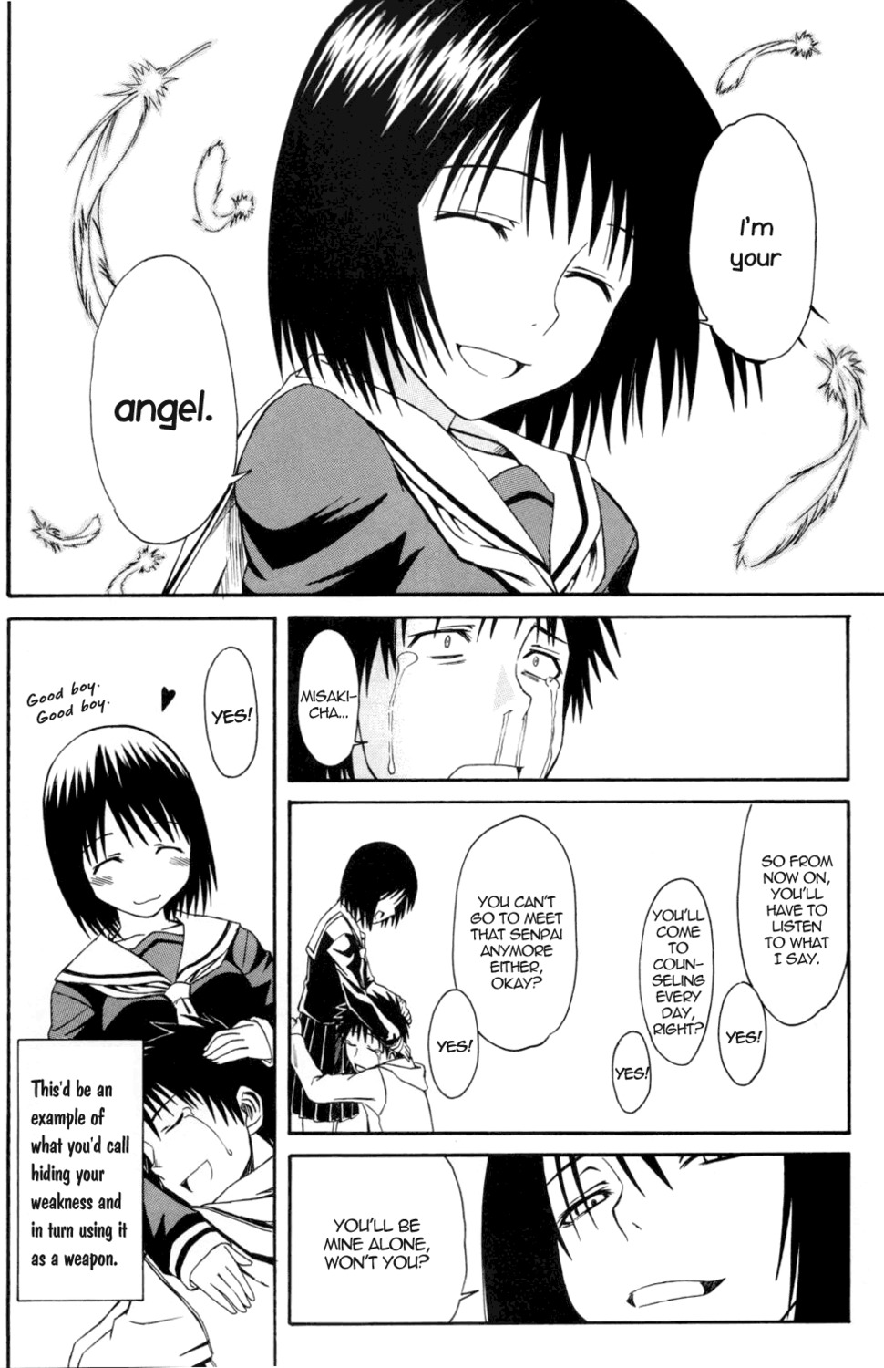 blush blushing clothed clothed_female clothed_male comic comic_page crying crying_with_eyes_open english english_dialogue english_text feathers female good_boy kneeling looking_down looking_down_at_partner male manga manga_page manga_style misaki_nakahara monochrome nhk_ni_youkoso! pleated_skirt rule34 sailor_collar school_uniform schoolboy schoolgirl serafuku shirt skirt smile smiling smiling_at_partner tagme tatsuhiro_satou tears text text_bubble translated welcome_to_the_nhk