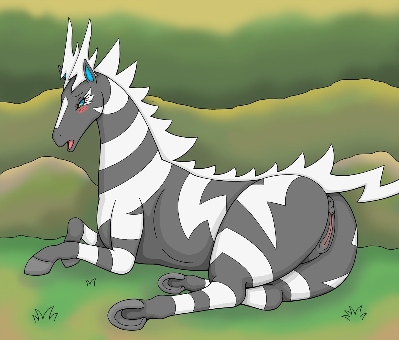 2013 anus black_body black_fur blue_eyes blush detailed_background e621 equid fang_asian female feral fur generation_5_pokemon genitals hair hooves lying mammal nintendo open_mouth pokemon pokemon_(species) solo striped_body striped_fur stripes underhoof vulva white_body white_fur white_hair yellow_sclera zebstrika