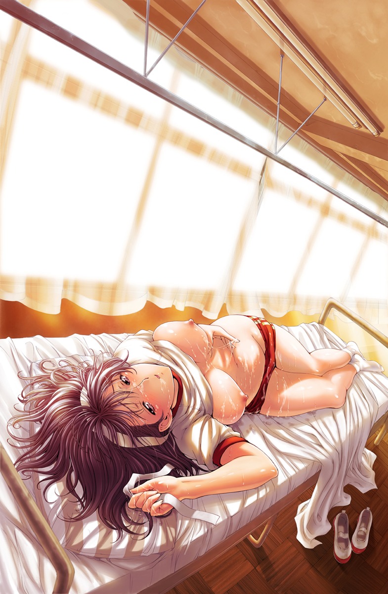 after_sex arm_up bare_legs bed_sheet black_eyes black_hair blush breasts buruma buruma_pull cum cum_on_body cum_on_breasts cum_on_lower_body cum_on_upper_body cum_string curtains facial female footwear gym_uniform highres infirmary large_breasts lying nipples no_bra no_panties on_back on_bed original rule34 sena_youtarou shirt_lift shoes shoes_removed short_hair socks uwabaki window